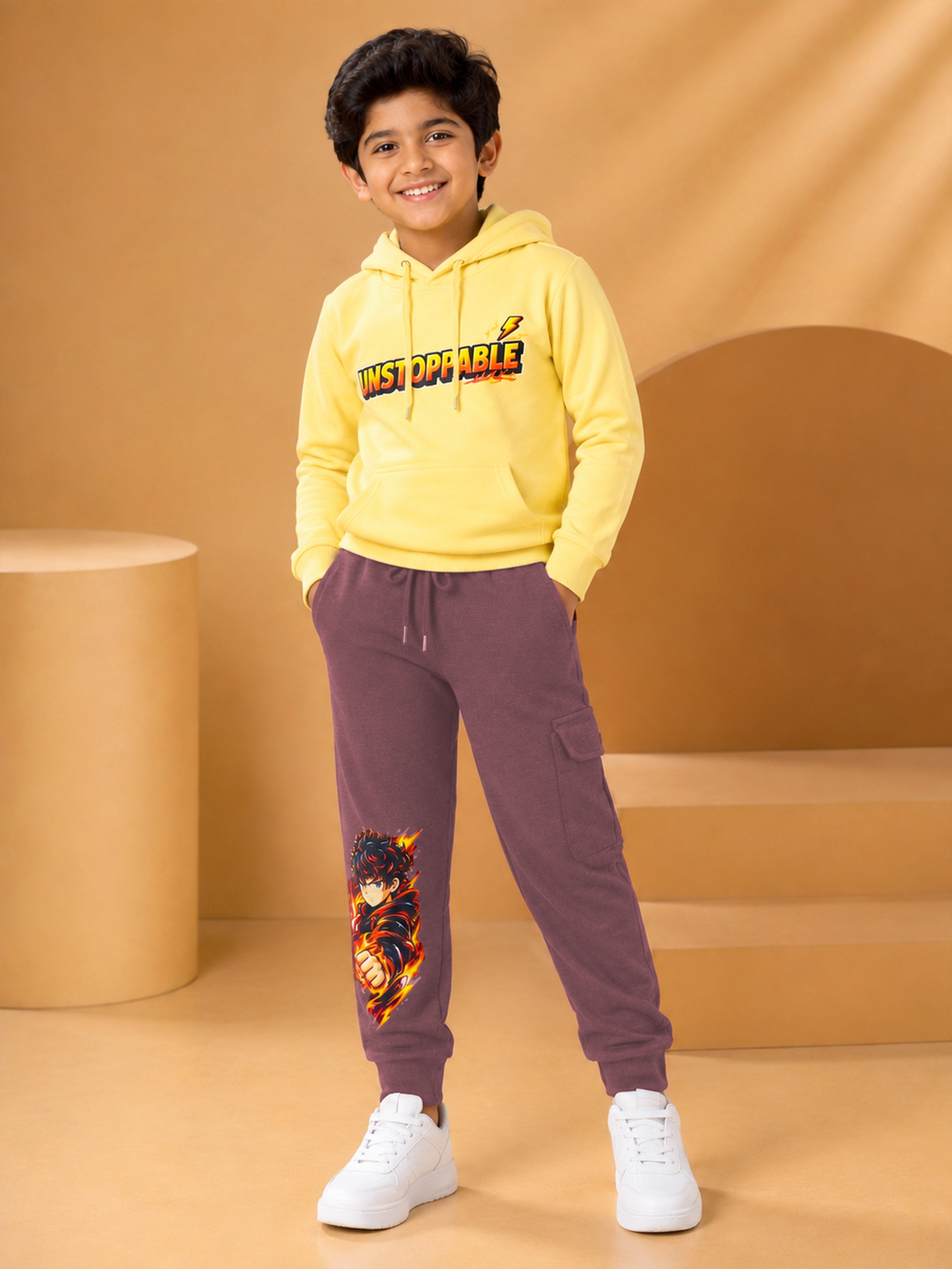 Kiddopanti Boys Cotton Blend Fleece Full Sleeves Hooded Sweatshirt & Graphic Printed Cargo Track Pants Set