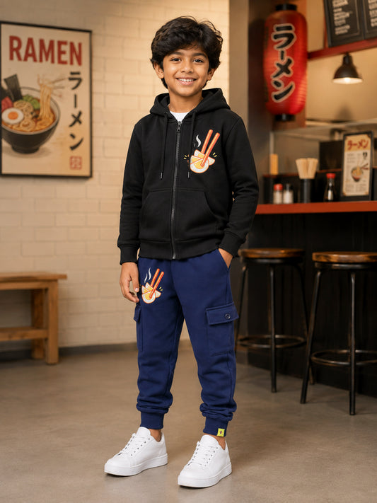 Kiddopanti Boys Cotton Fleece Zip Open Hooded Sweatshirt & Fleece Cargo Joggers Co-ord Set