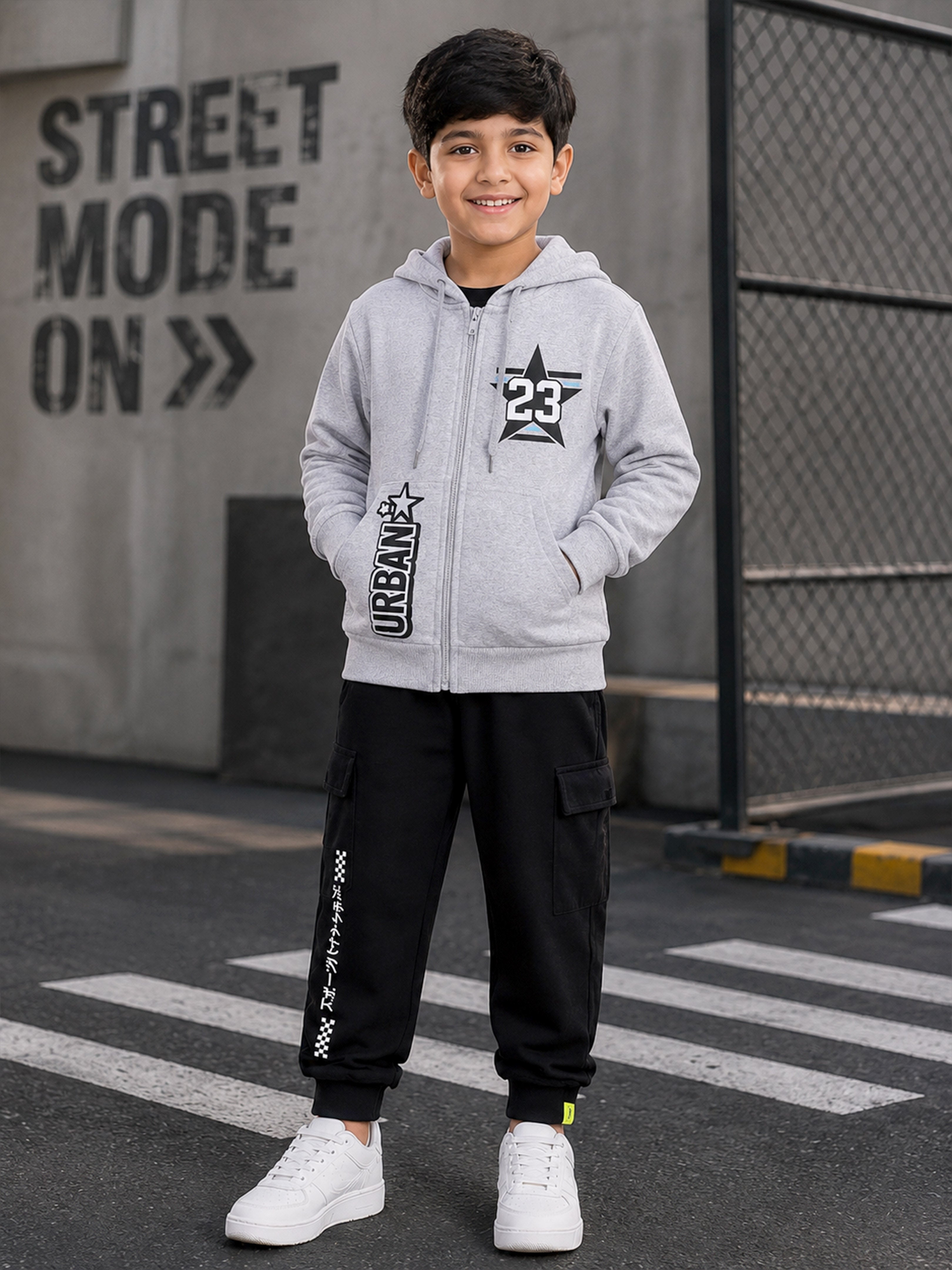 Kiddopanti Boys Cotton Fleece Zip Open Hooded Sweatshirt & Fleece Cargo Joggers Co-ord Set