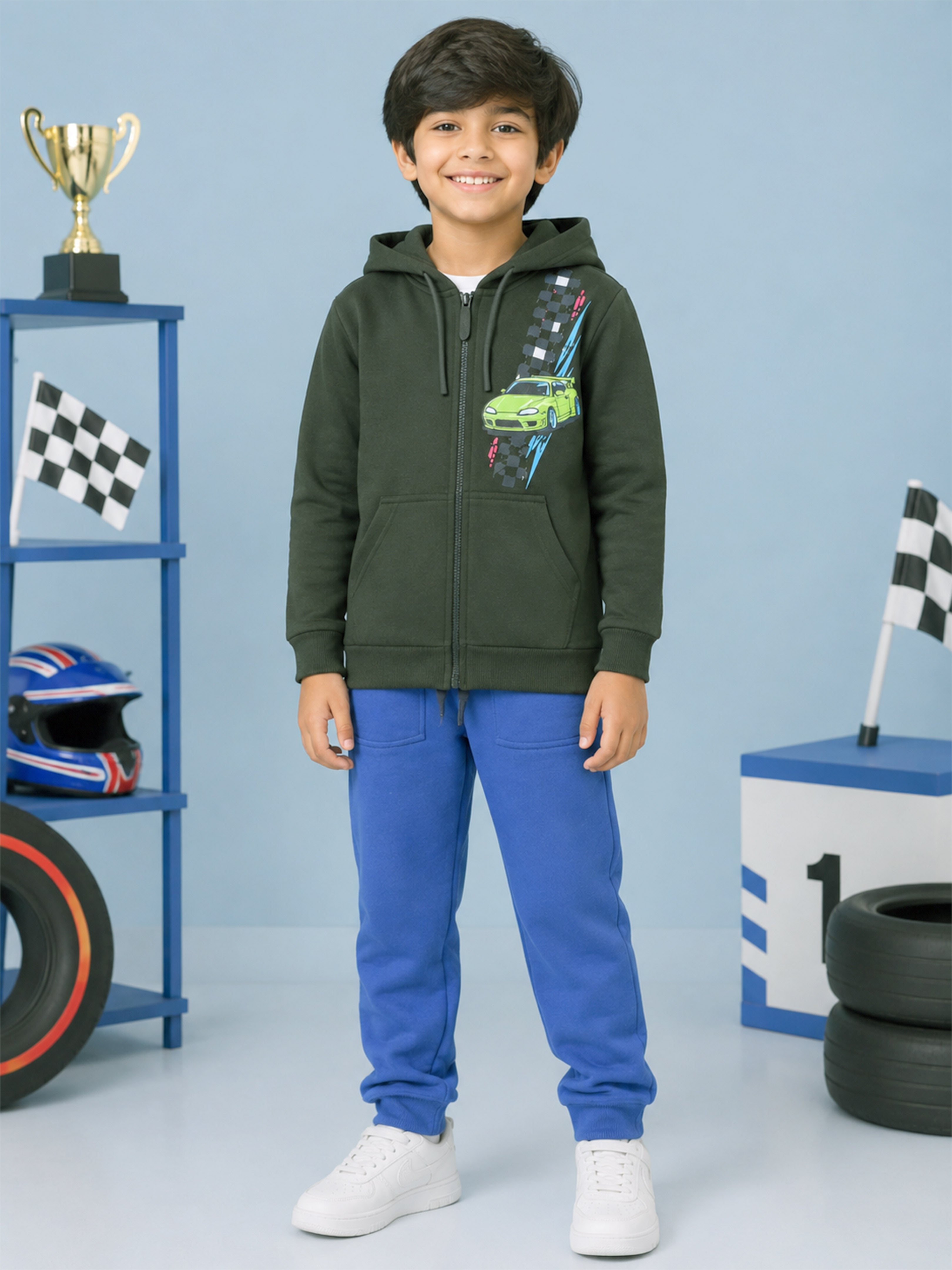 Kiddopanti Boys Cotton Fleece Graphic Zip Front Hooded Sweatshirt & Solid Fleece Track Pants Co-ord Set