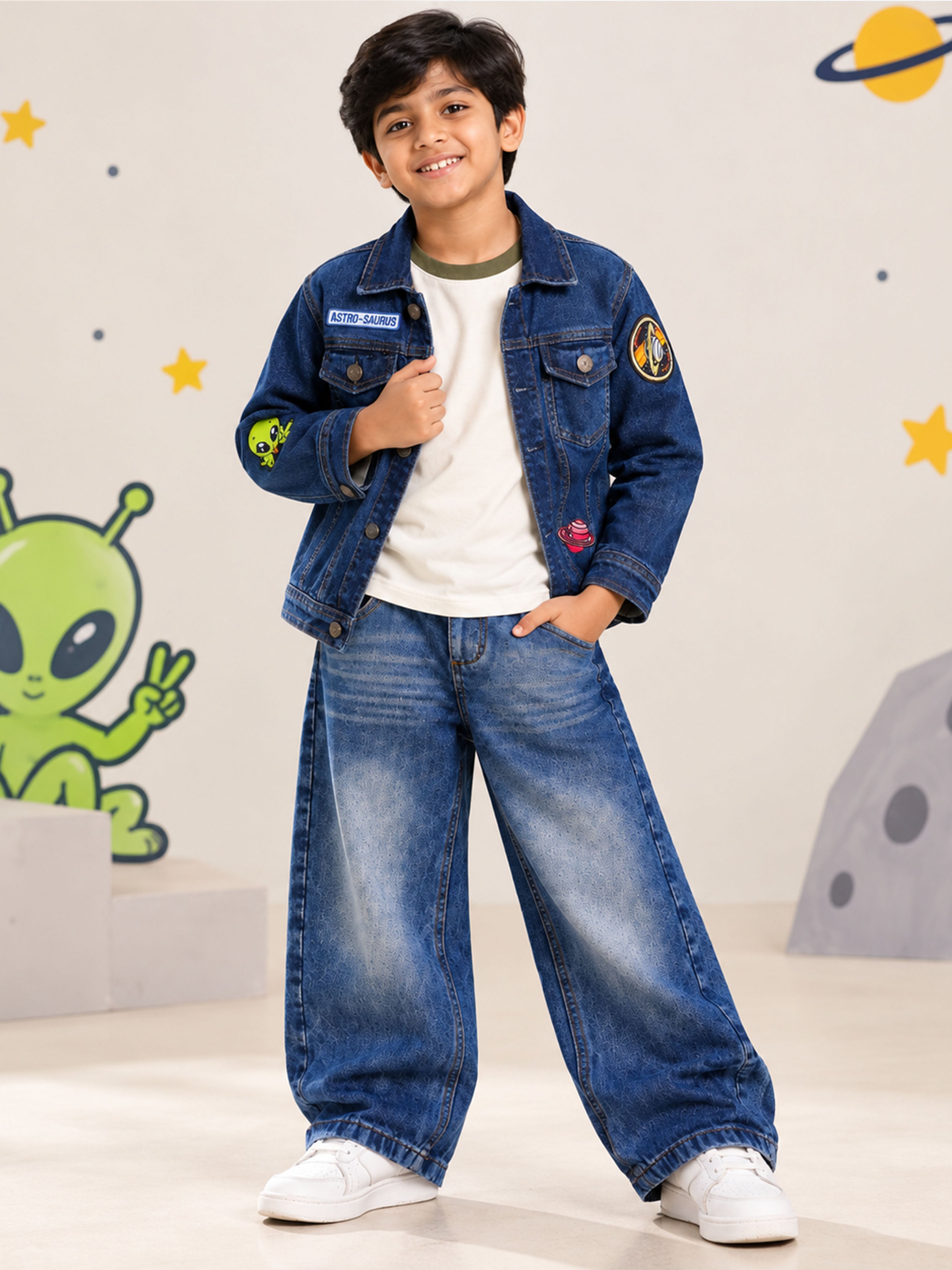 Kiddopanti Boys 3 Piece Co-ord Set with Solid Raglan Full Sleeve T-Shirt Denim Jacket Baggy Denim Jeans