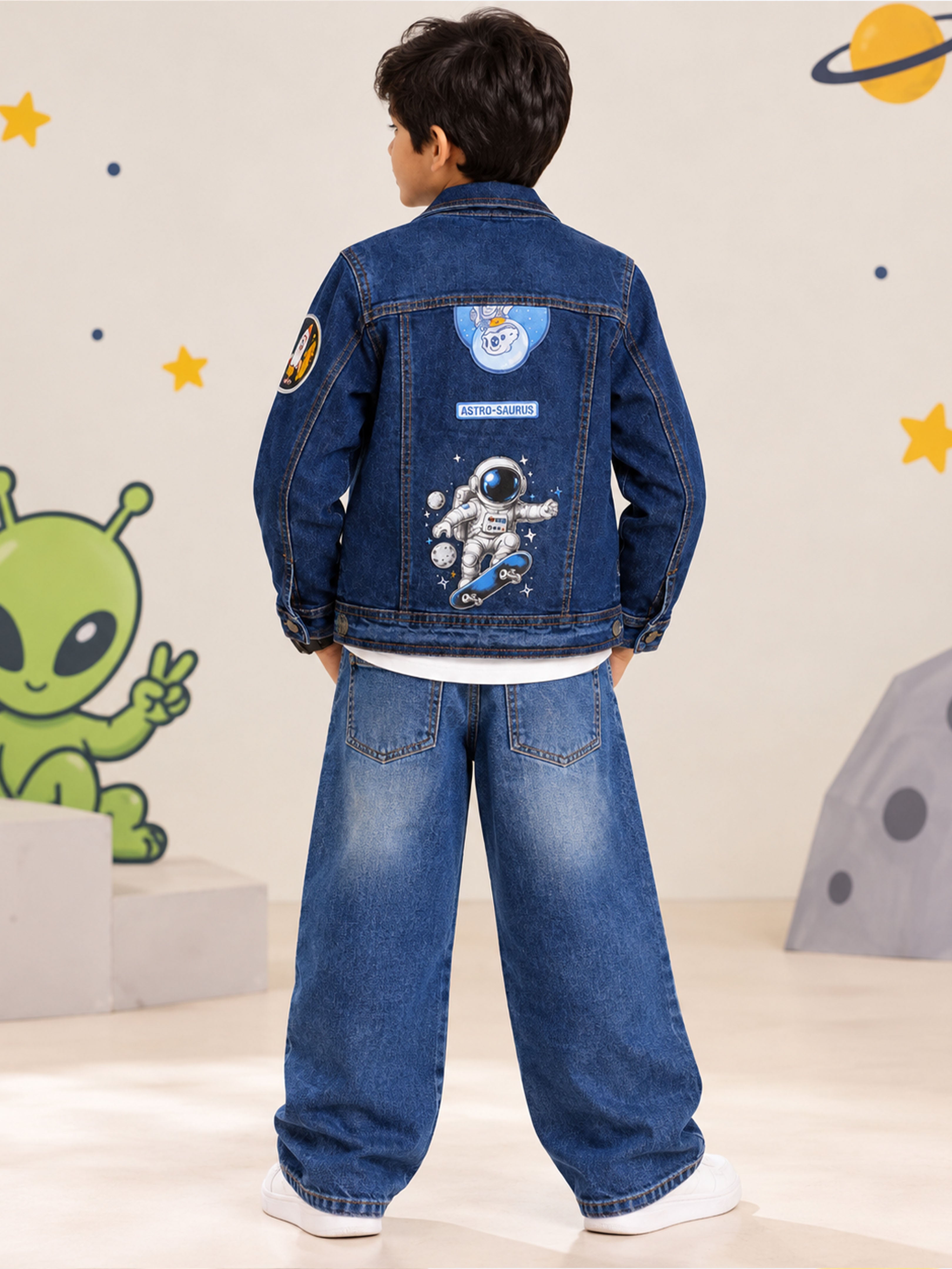 Kiddopanti Boys 3 Piece Co-ord Set with Solid Raglan Full Sleeve T-Shirt Denim Jacket Baggy Denim Jeans