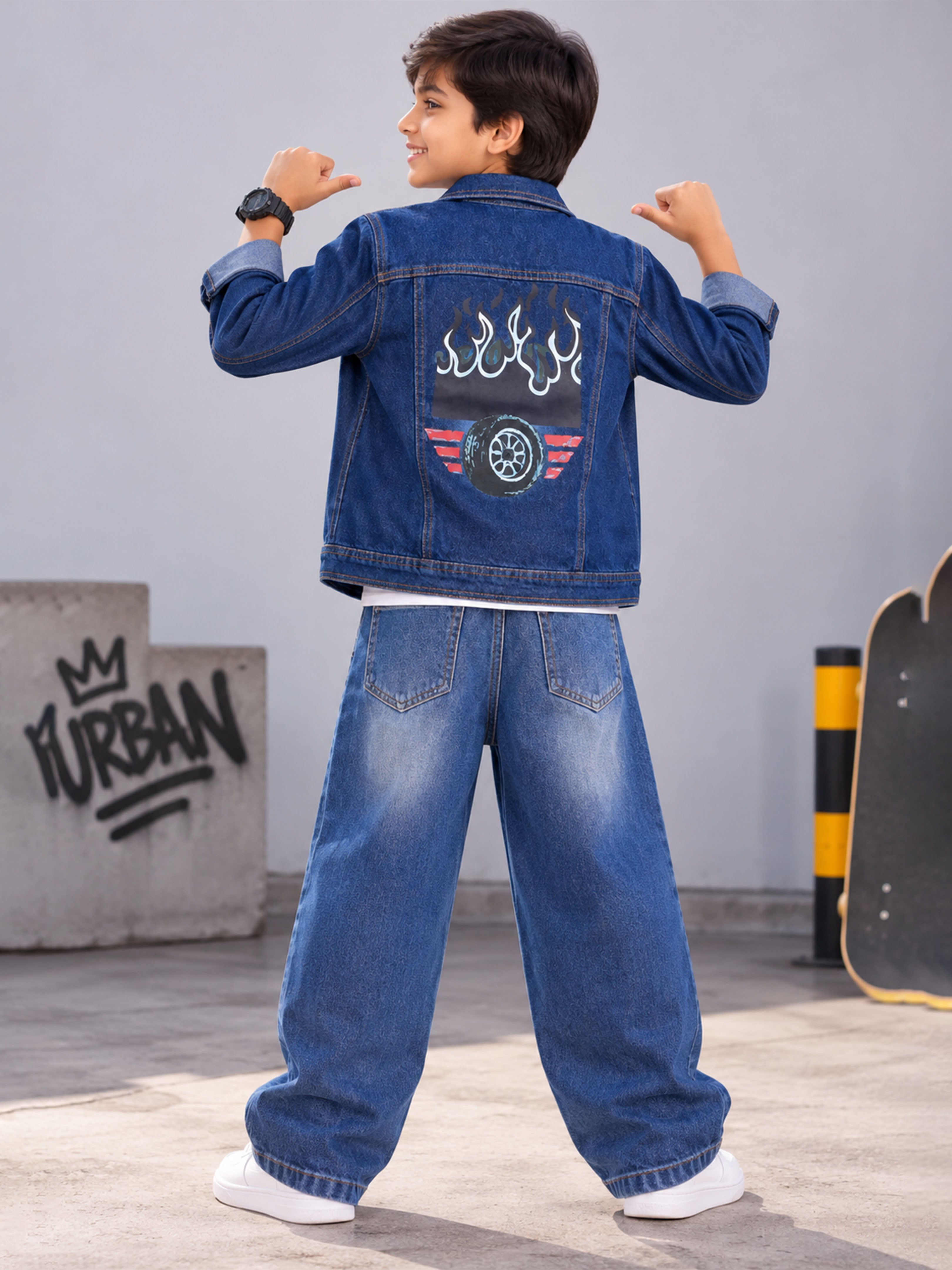 Kiddopanti Boys 3 Piece Co-ord Set with Solid Full Sleeve T-Shirt Denim Jacket Baggy Denim Jeans
