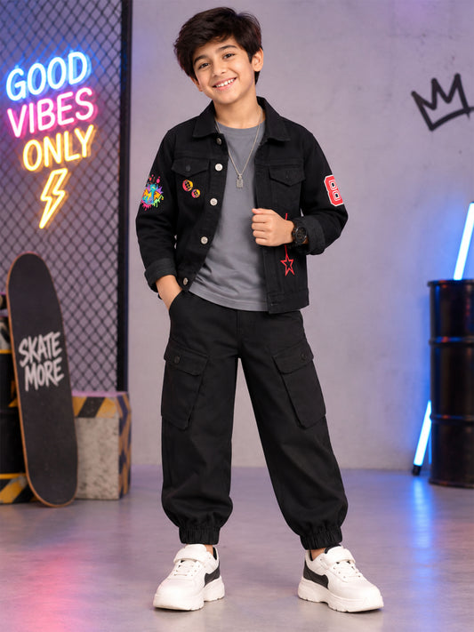 Kiddopanti Boys 3 Piece Co-ord Set with Solid Full Sleeve T-Shirt Denim Jacket Cargo Pants