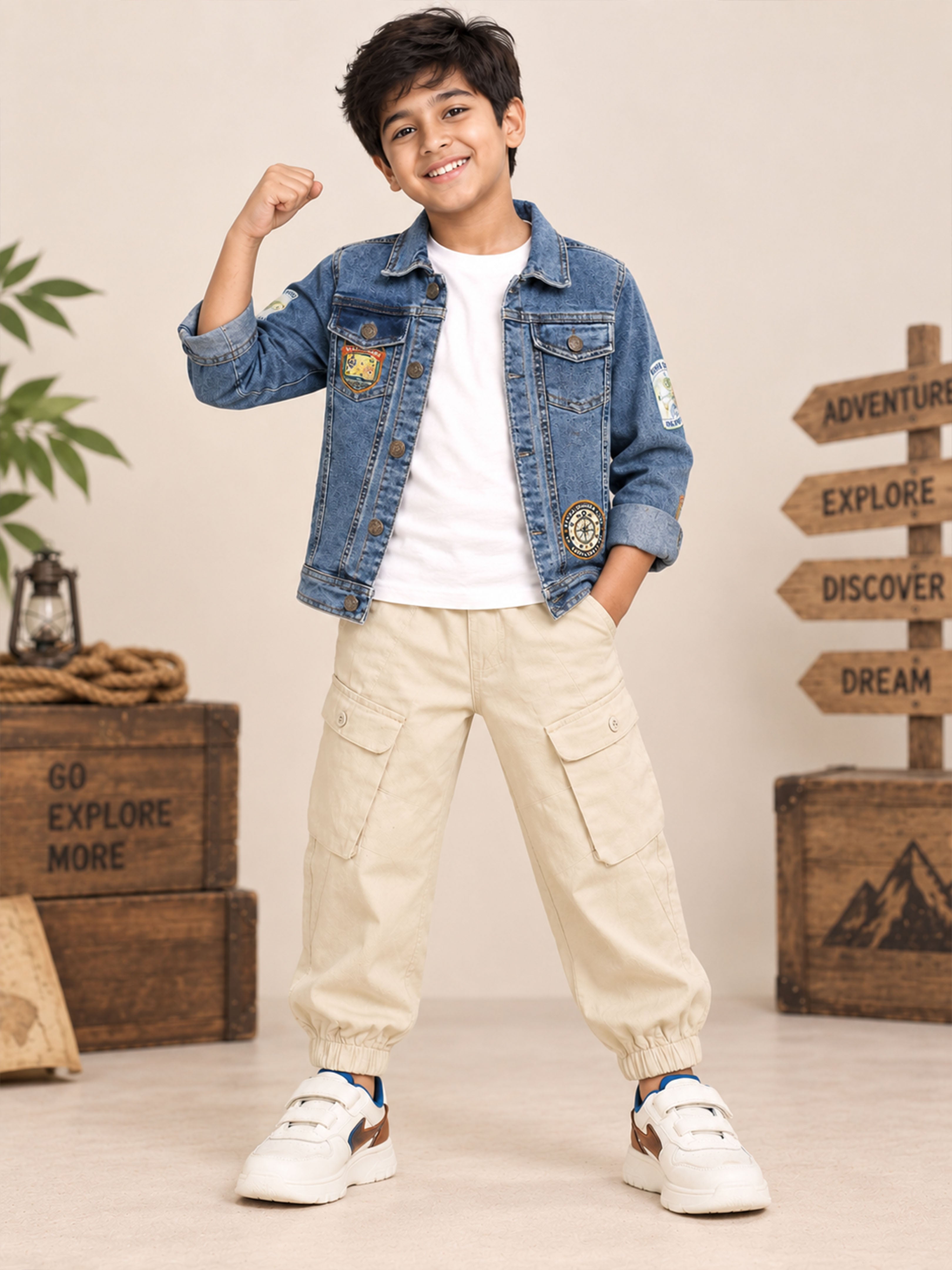 Kiddopanti Boys 3 Piece Co-ord Set with Solid Round Neck T-Shirt Denim Jacket & Cargo Pants