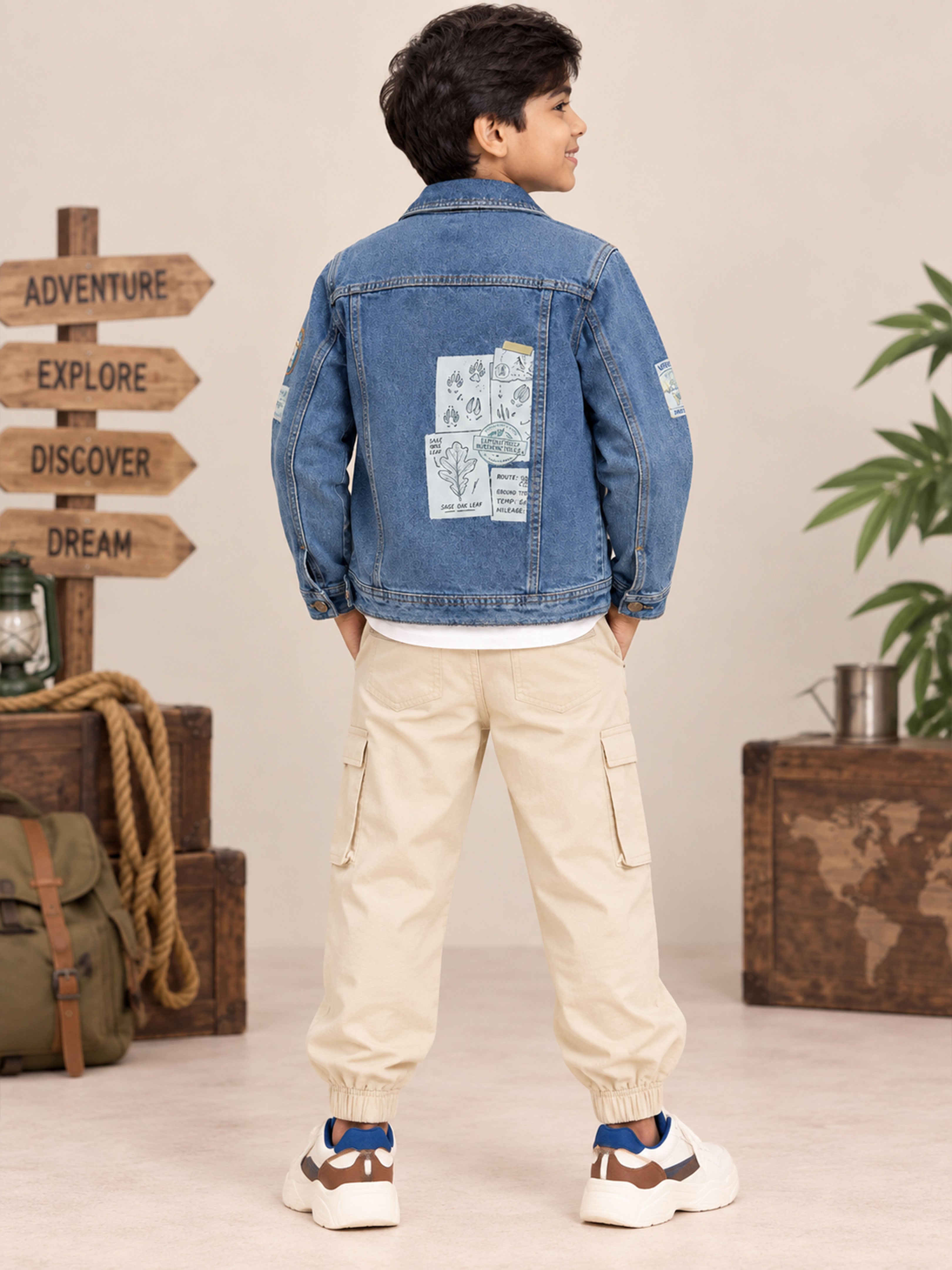 Kiddopanti Boys 3 Piece Co-ord Set with Solid Round Neck T-Shirt Denim Jacket & Cargo Pants