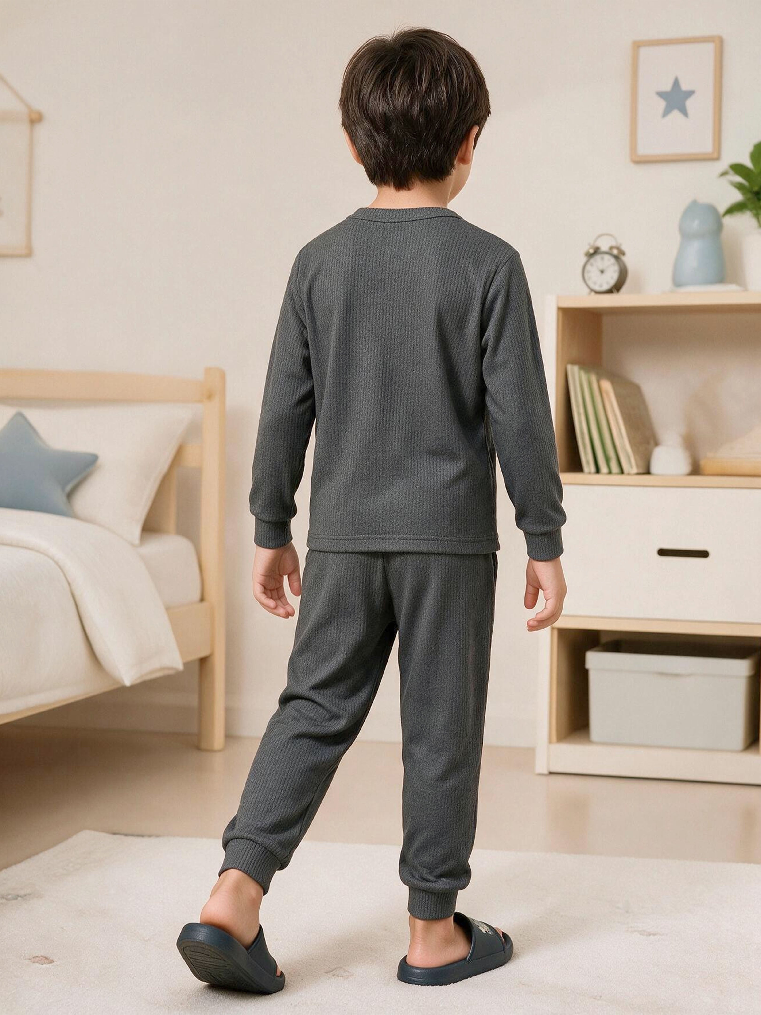 Kiddopantu Boys & Girls Cotton Blend Solid Thermal Tshirt and Thermal Pant Set