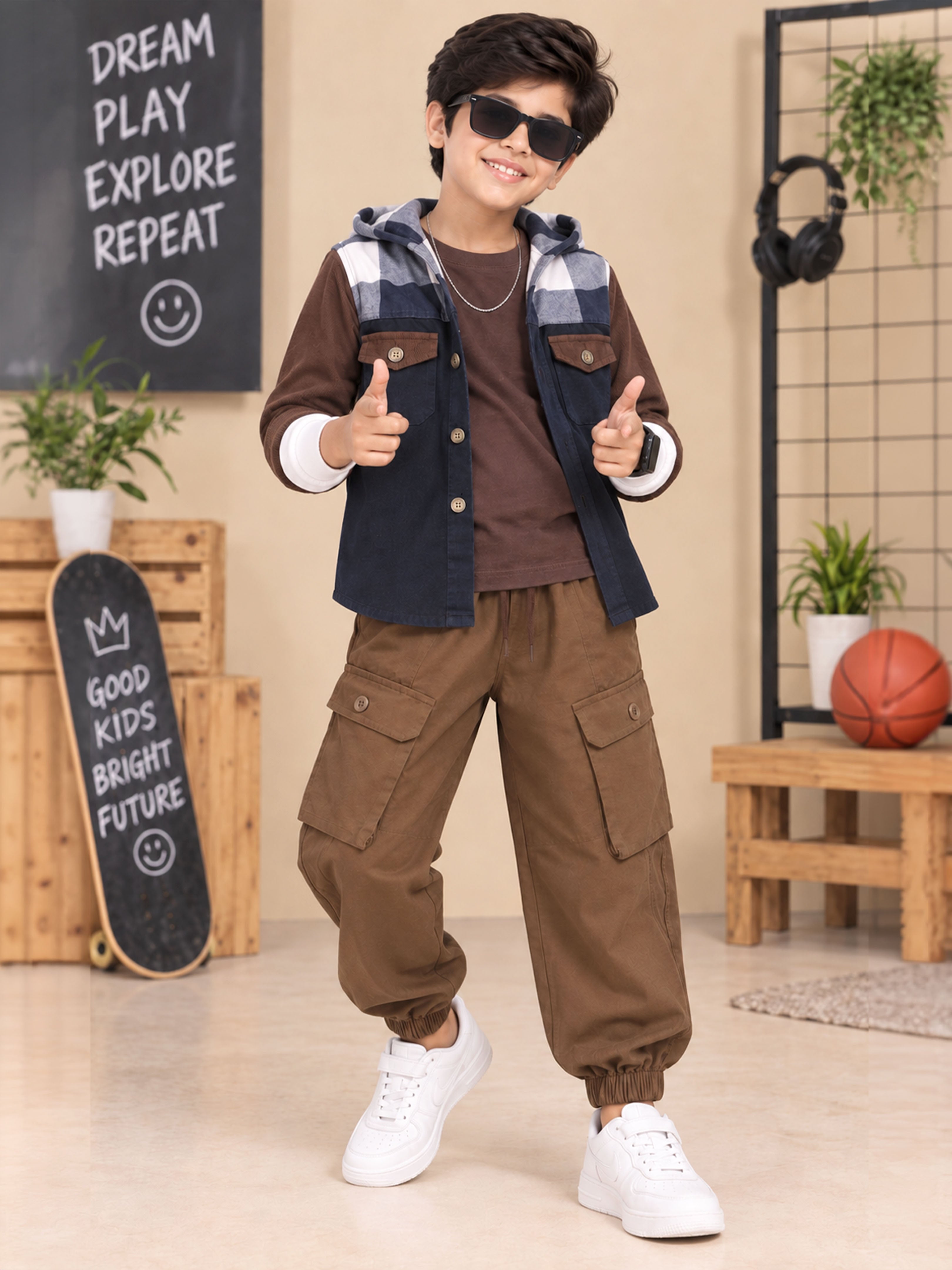 Kiddopanti Boys 3 Piece Co-ord Set with Doctor Sleeve T-Shirt Hooded Jacket Cargo Balloon Pants