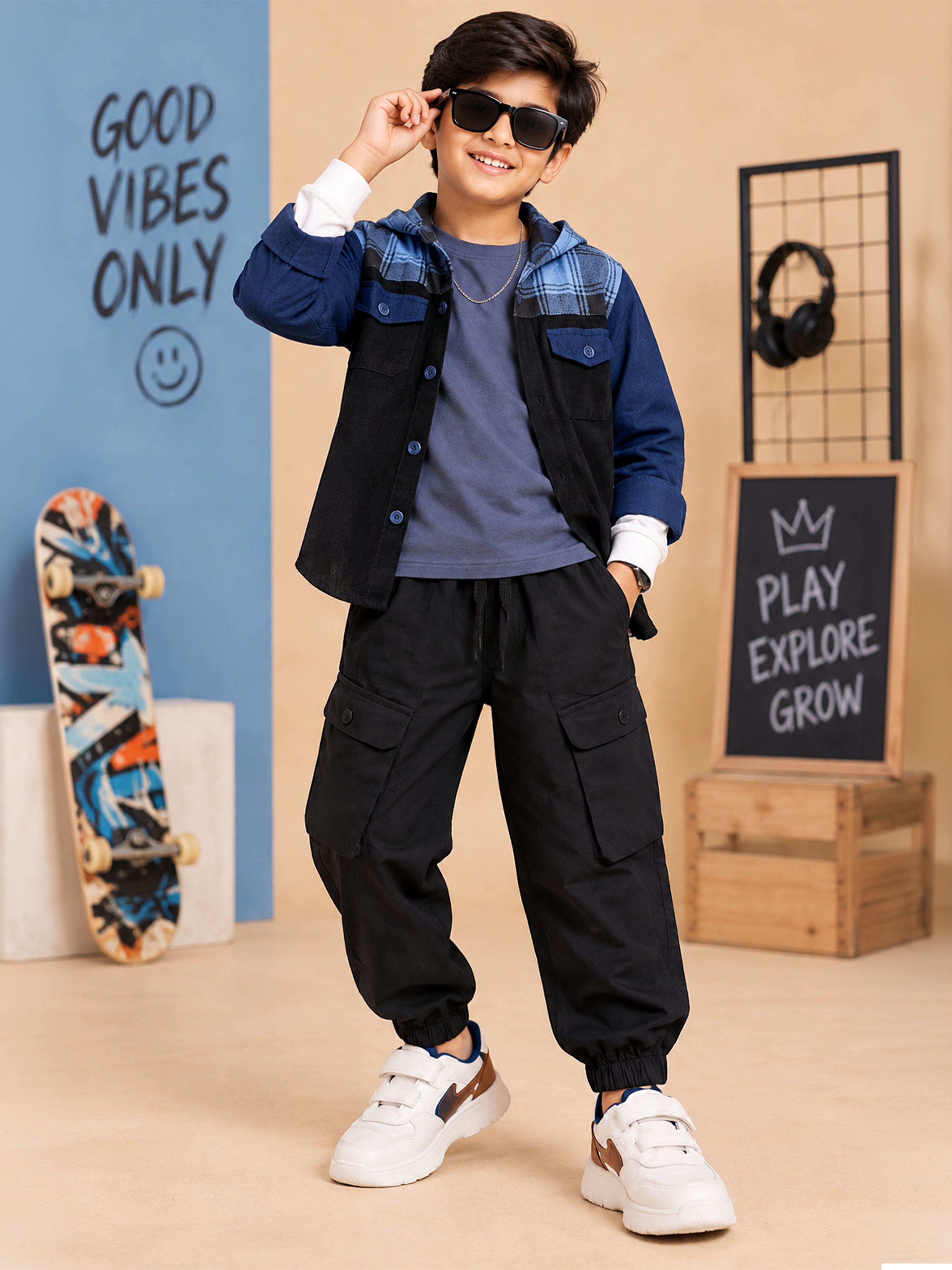 Kiddopanti Boys 3 Piece Co-ord Set with Doctor Sleeve T-Shirt Hooded Jacket Cargo Balloon Pants
