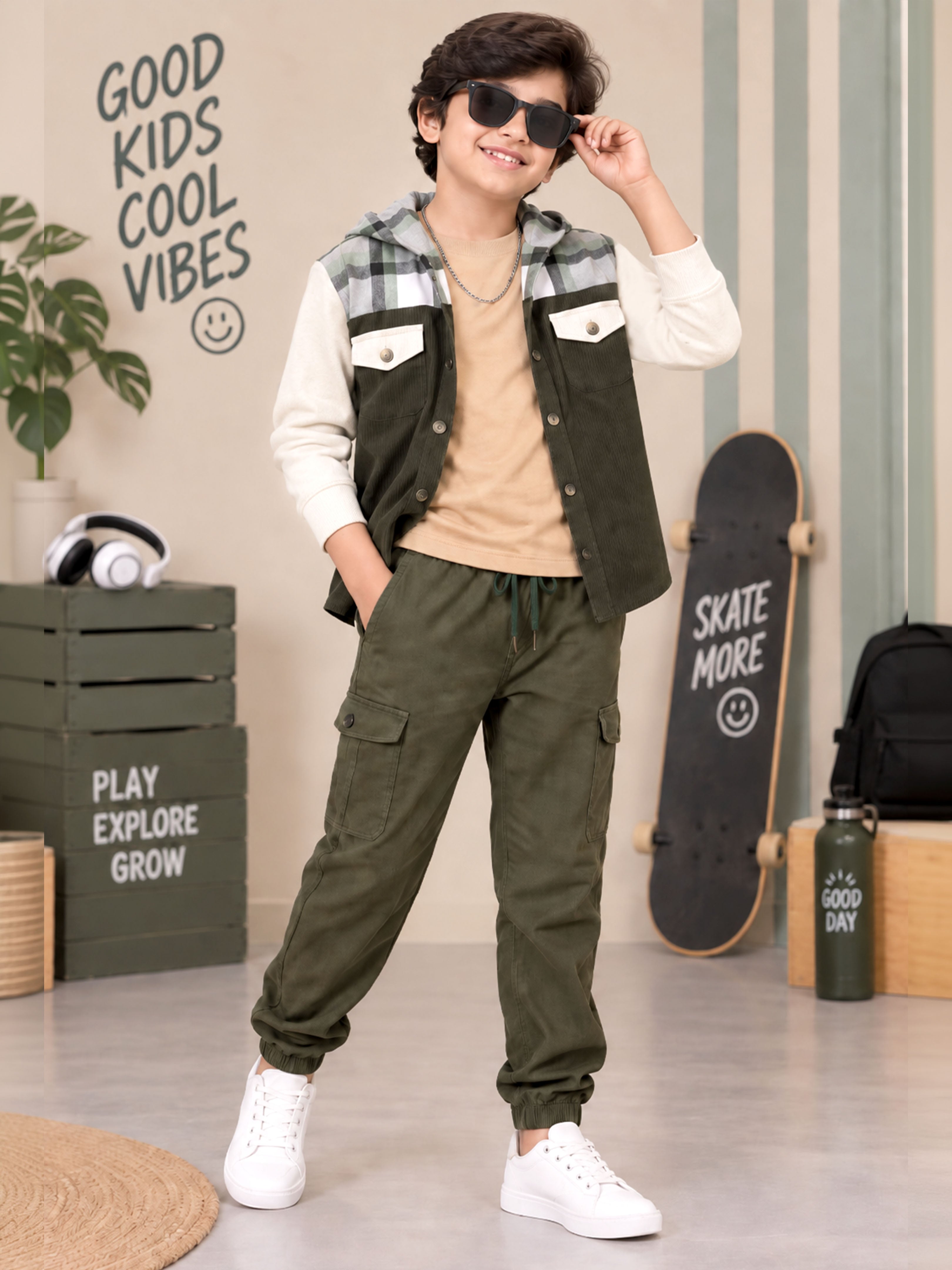 Kiddopanti Boys 3 Piece Co-ord Set with Doctor Full Sleeve T-Shirt Jacket Cargo Jogger Pants