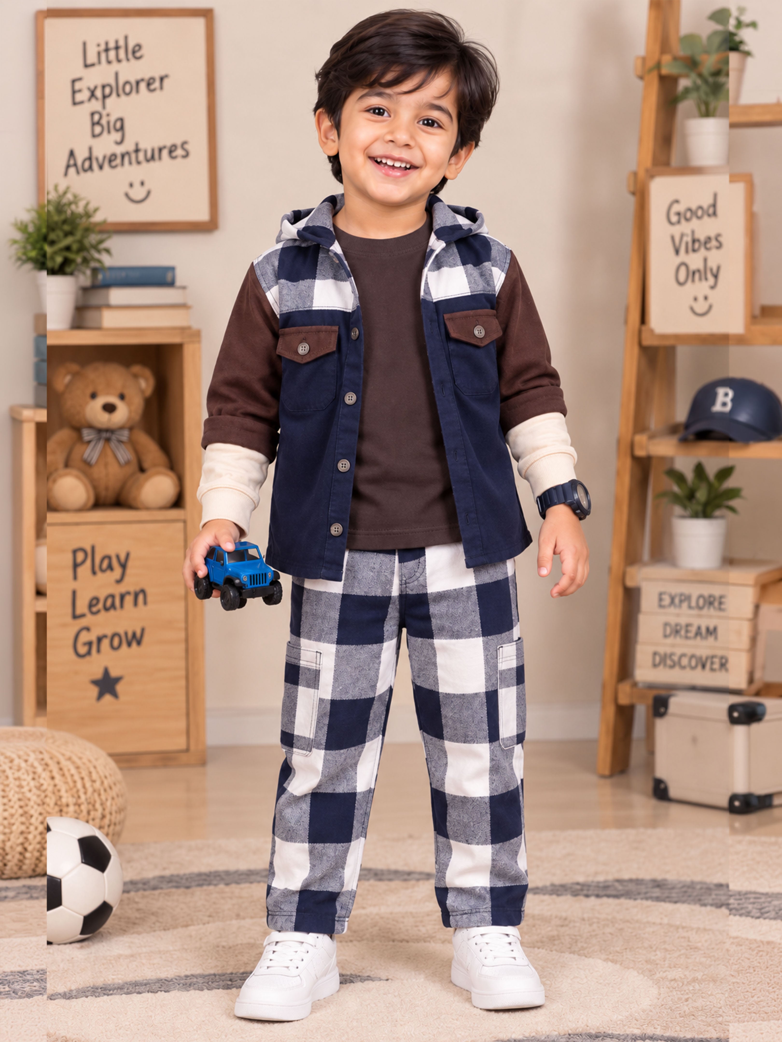 Kiddopanti Boys 3 Piece Co-ord Set with Doctor Sleeve T-Shirt Hooded Jacket & Cargo Pants