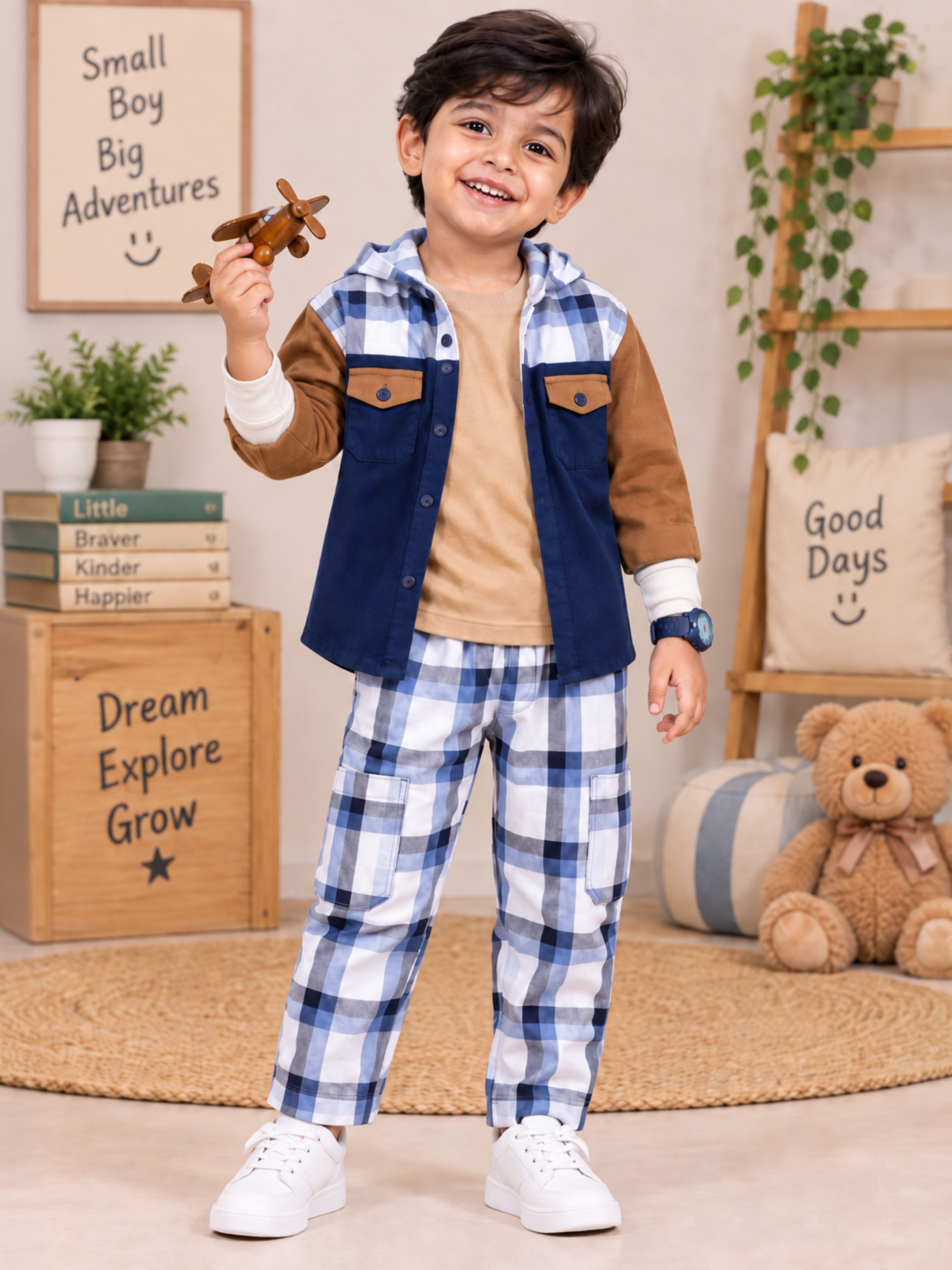 Kiddopanti Boys 3 Piece Co-ord Set with Doctor Sleeve T-Shirt Hooded Jacket & Cargo Pants