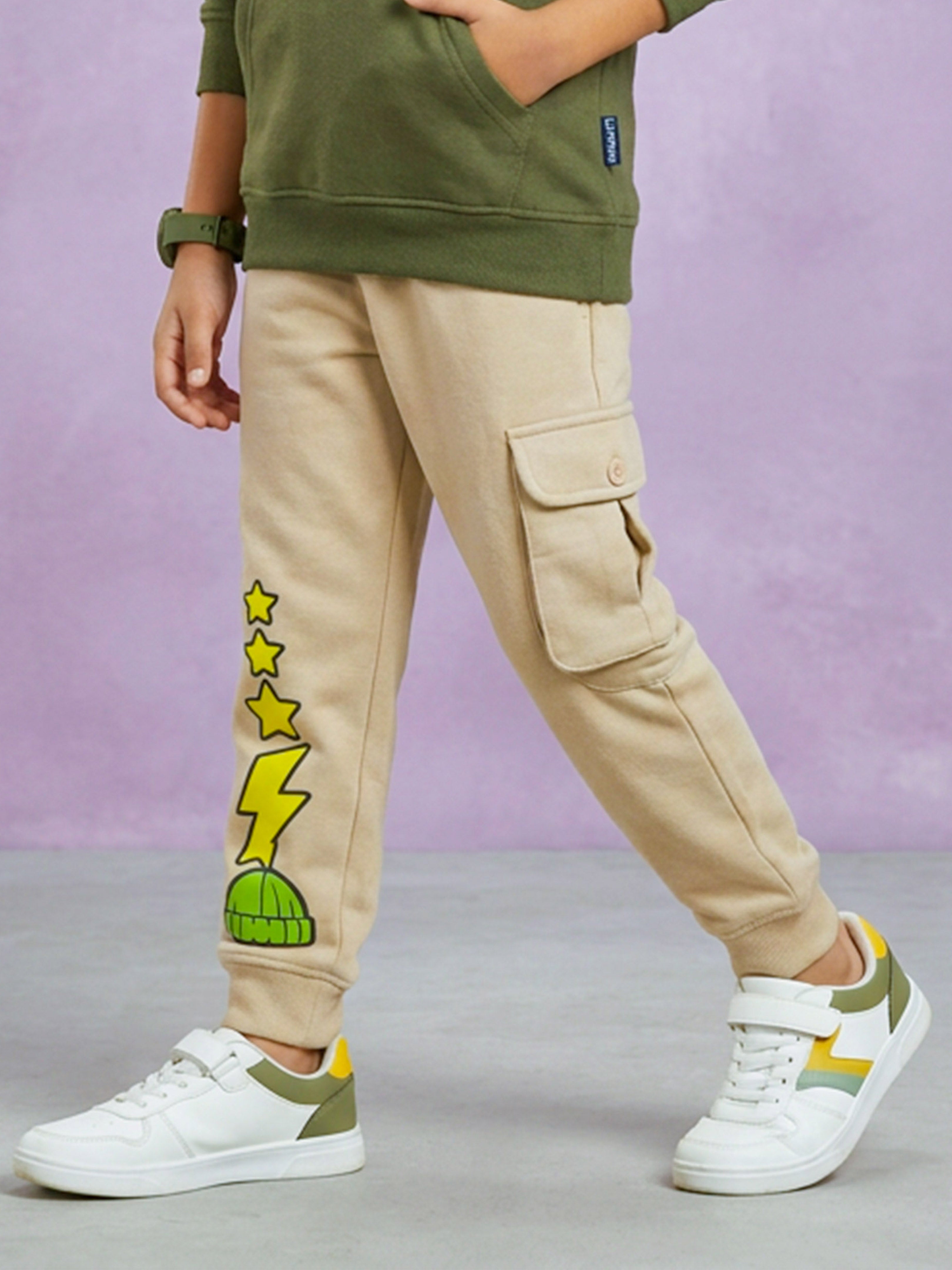 Kiddopanti Boys Cotton Fleece Graphic Printed Cargo Track Pant