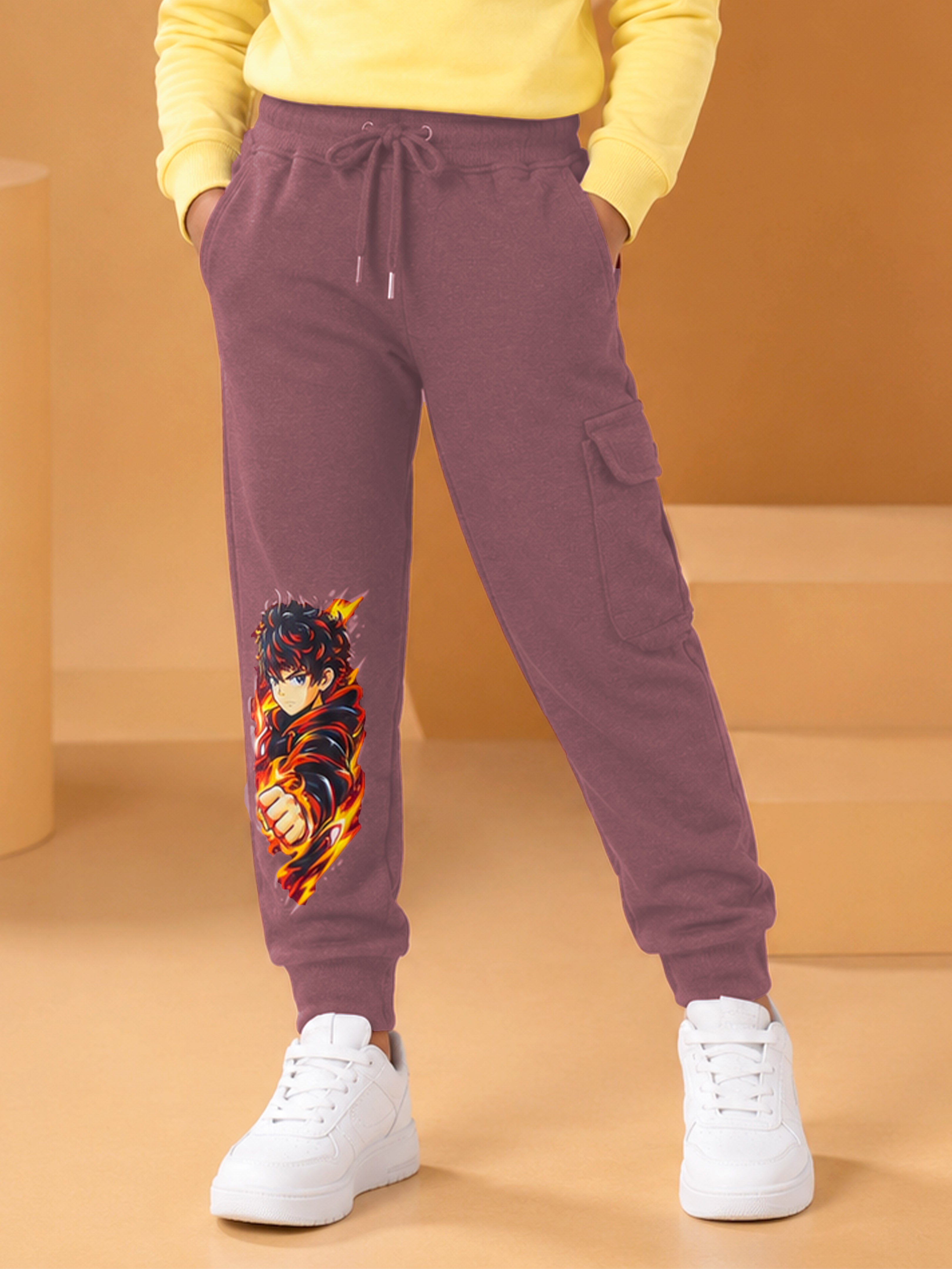 Kiddopanti Boys Cotton Fleece Graphic Printed Cargo Track Pant