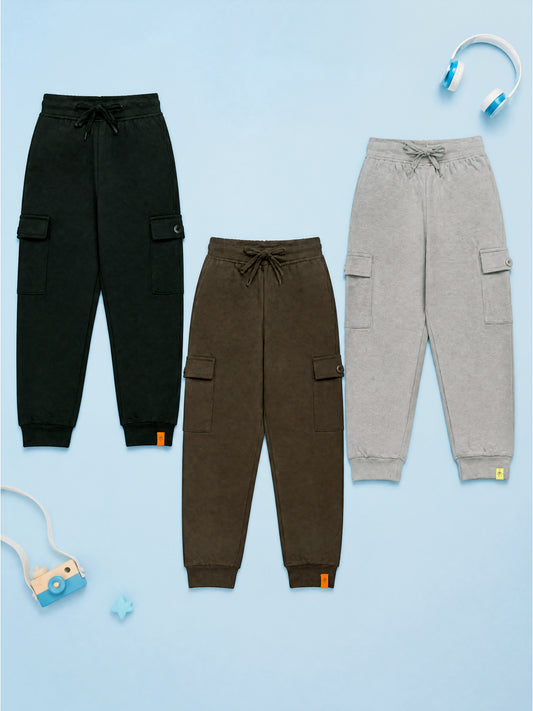 Kiddopanti Boys Cotton Knit Cargo Jogger Pants Pack of 3