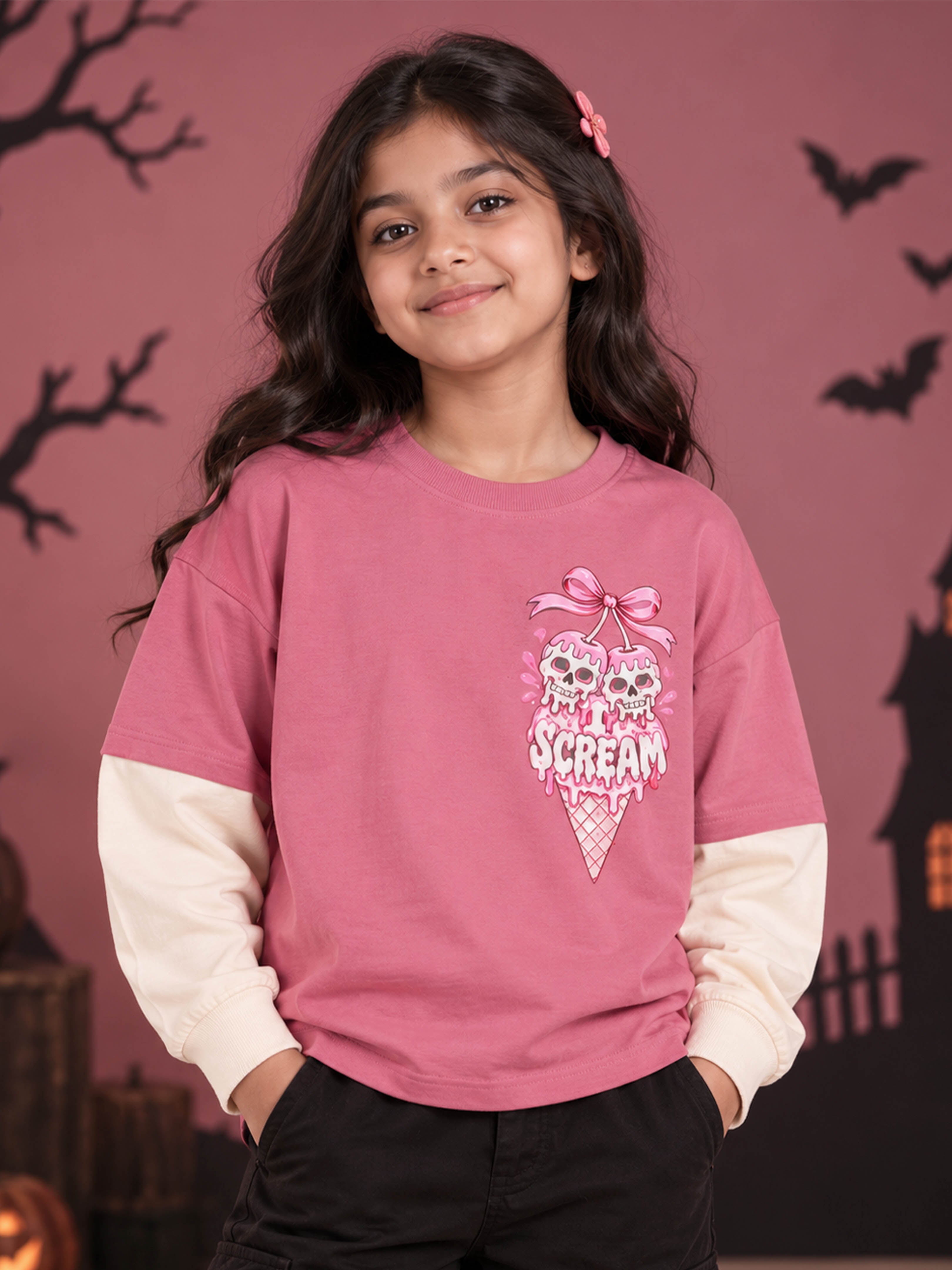 Kiddopanti Girls Cotton Horror Cutie and Ice cream Skull Drop Shoulder Doctor Full Sleeve T-Shirt