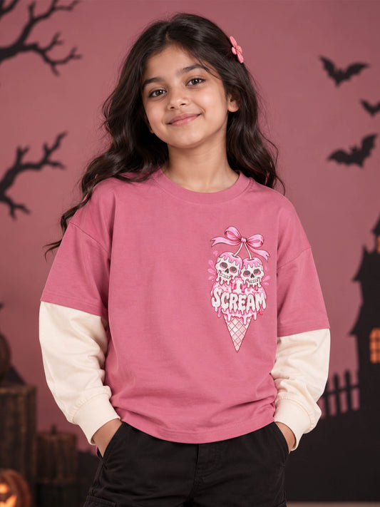 Kiddopanti Girls Cotton Horror Cutie and Ice cream Skull Drop Shoulder Doctor Full Sleeve T-Shirt