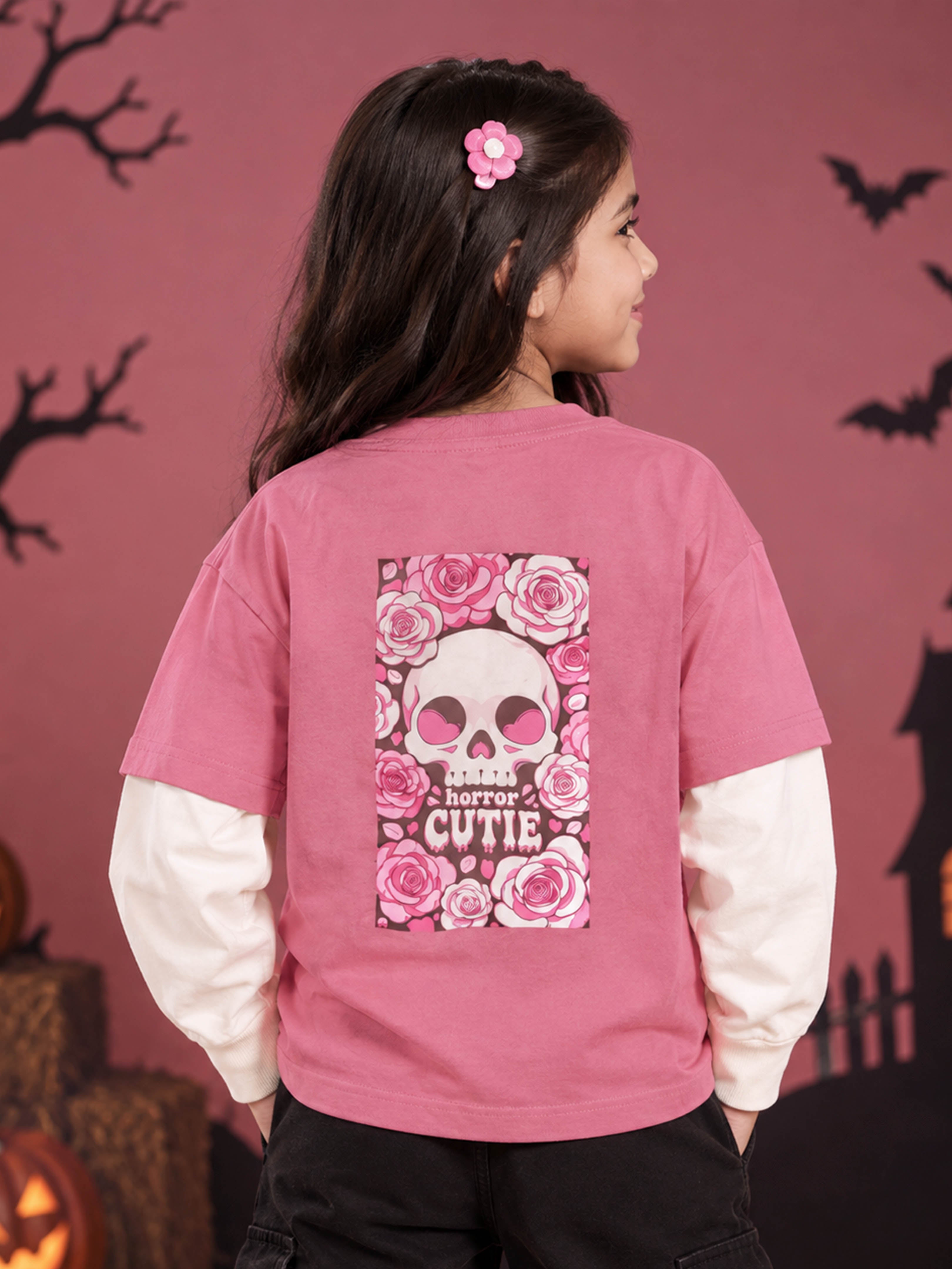 Kiddopanti Girls Cotton Horror Cutie and Ice cream Skull Drop Shoulder Doctor Full Sleeve T-Shirt