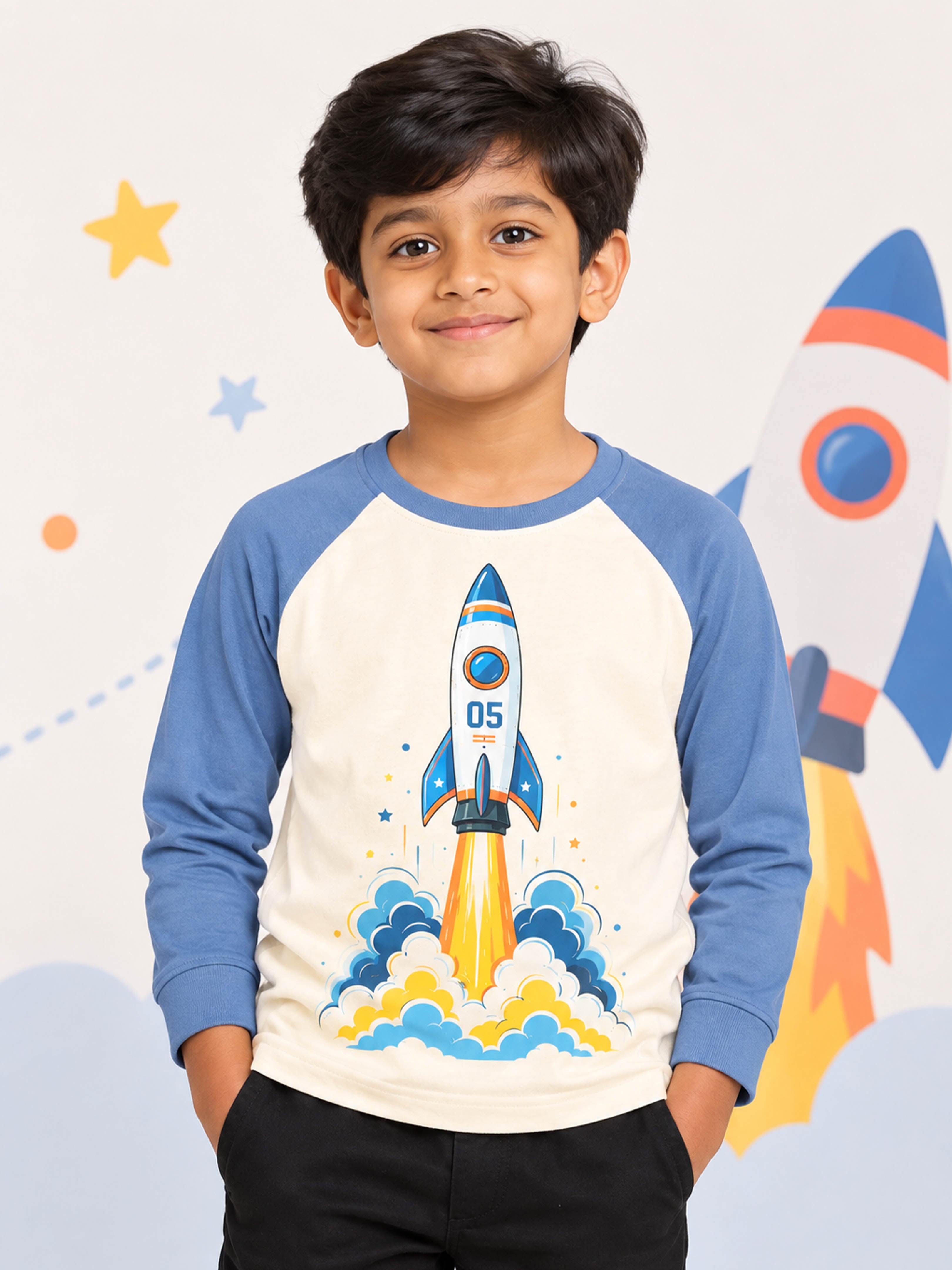 Kiddopanti Boys Cotton Raglan Full Sleeves Graphic Printed T-Shirt
