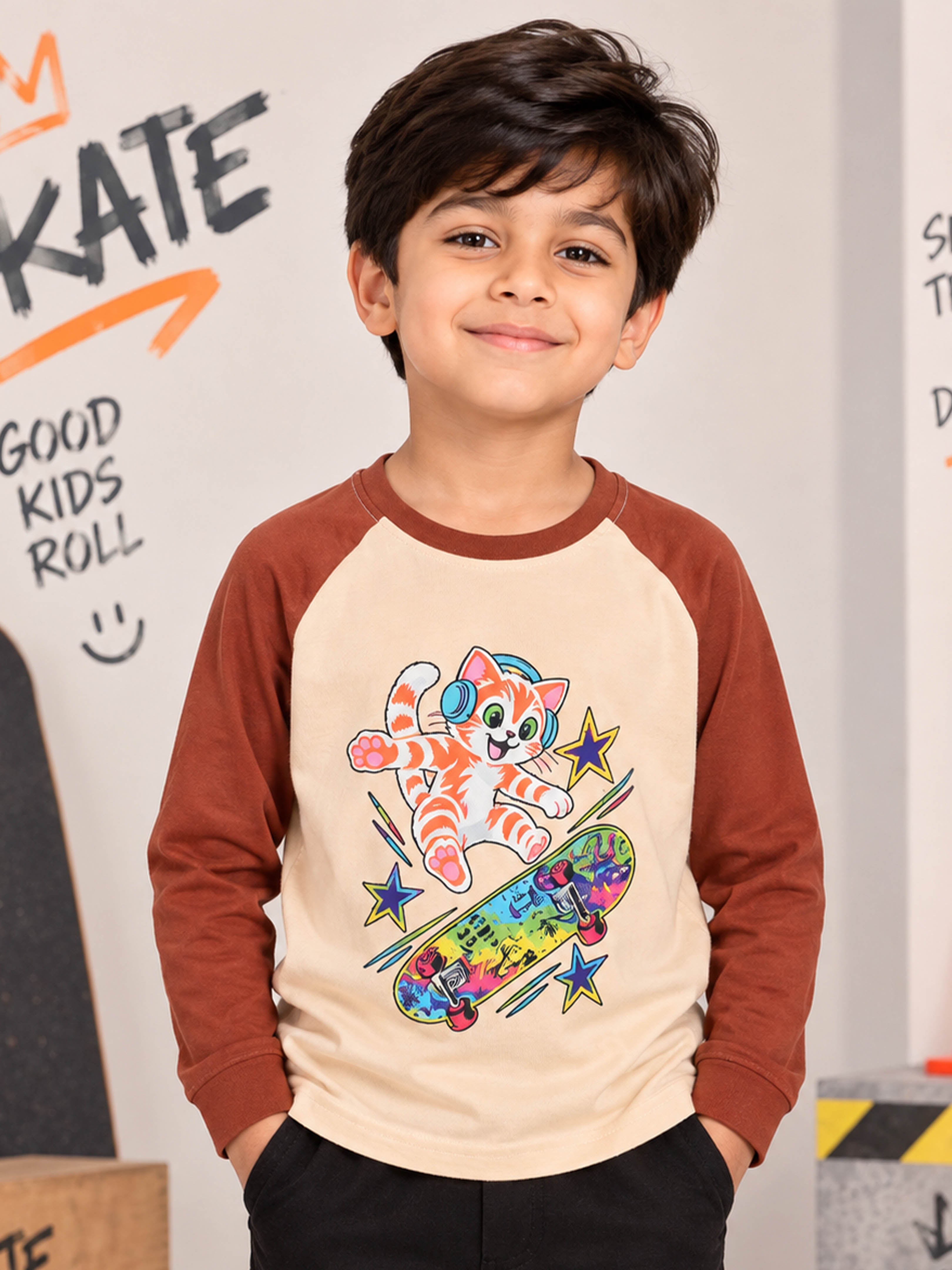 Kiddopanti Boys Cotton Raglan Full Sleeves Graphic Printed T-Shirt