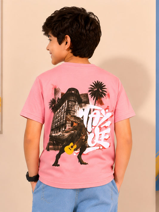 Kiddopanti Boys Cotton Knit Stay True & Back Dinosour Printed T-Shirt