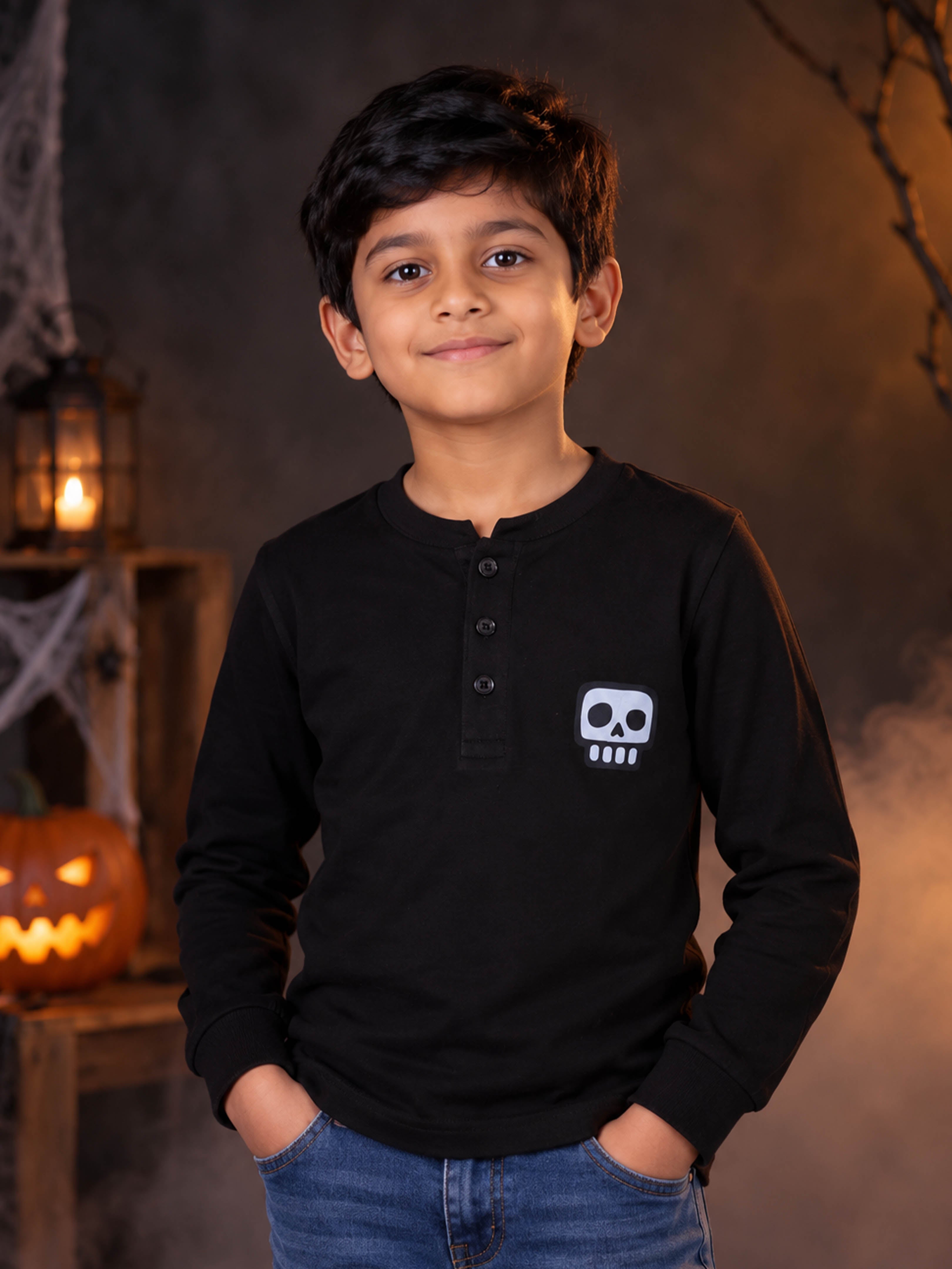 Kiddopanti Boys Cotton Full Sleeves Graphic Printed Henley Neck Rib T-Shirt