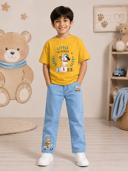 Kiddopanti Boys Cotton Drop Shoulder Half Sleeves Graphic T-Shirt With Denim Jeans Co-ord Set