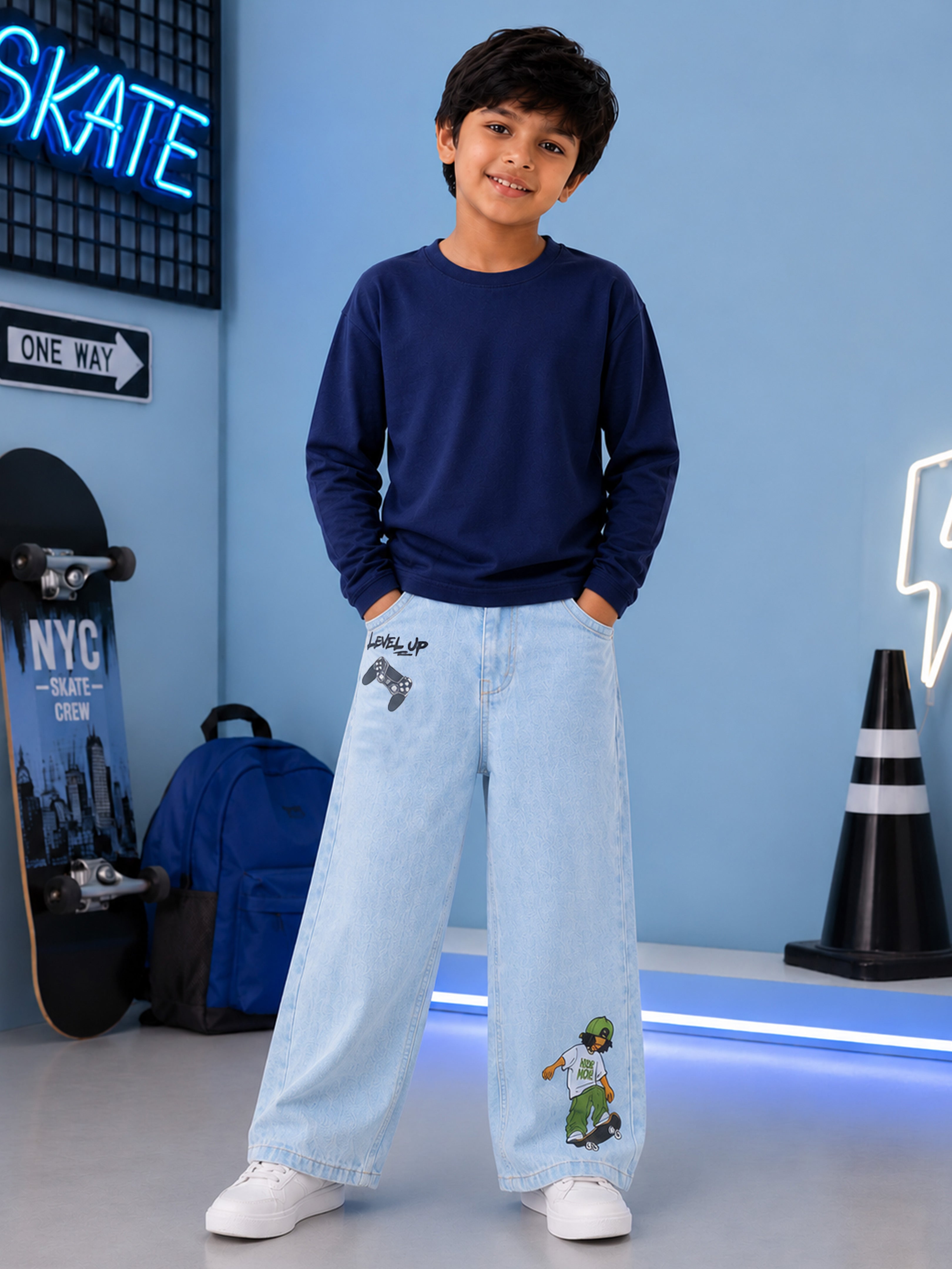 Kiddopanti Boys Cotton Drop Shoulder Full Sleeves T-Shirt with Baggy Fit Denim Printed Jeans Co-ord Set
