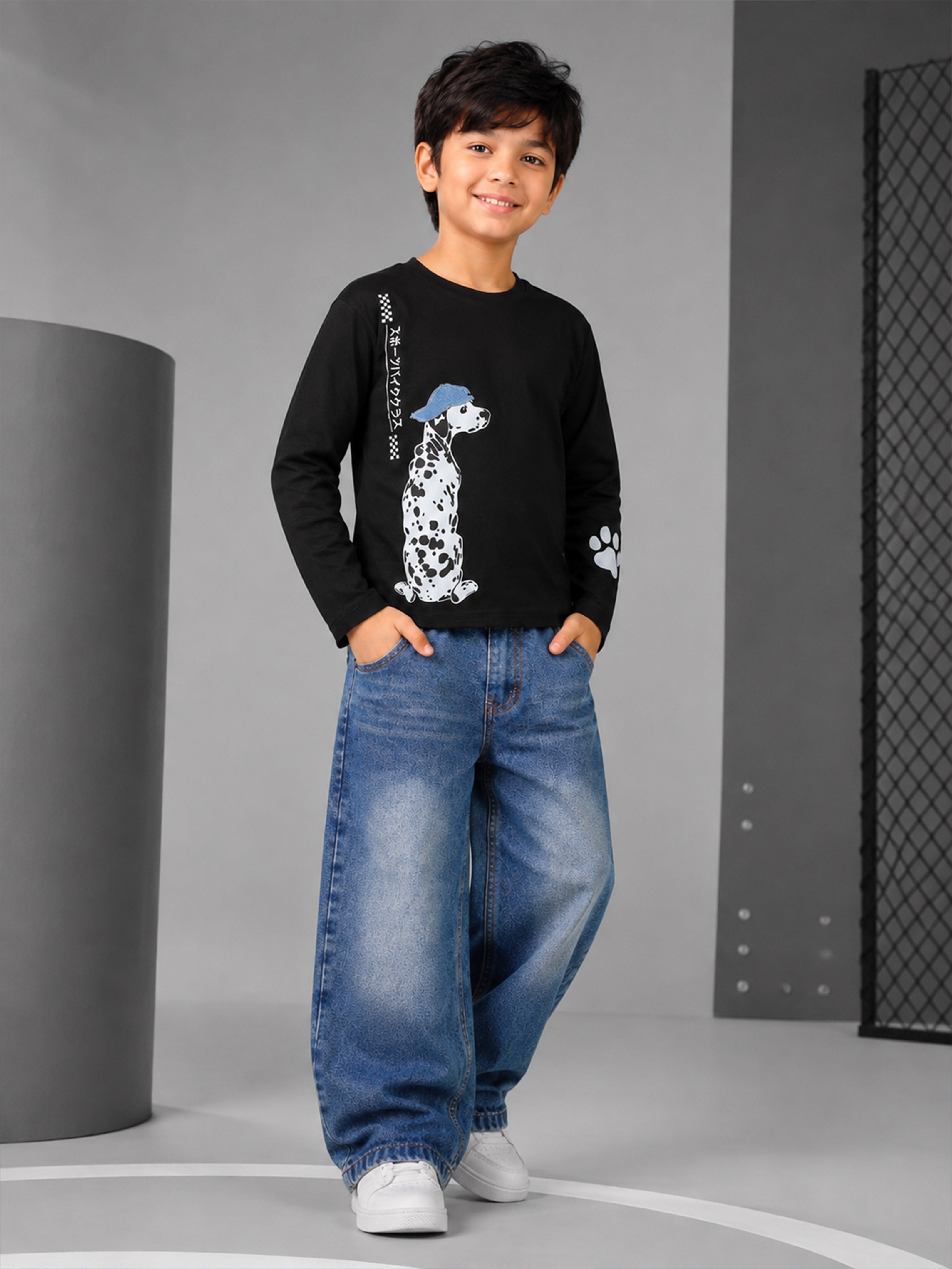 Kiddopanti Boys Cotton Knit Graphic Drop Shoulder Full Sleeve T-Shirt & Baggy Fit Denim Jeans Co-ord Set