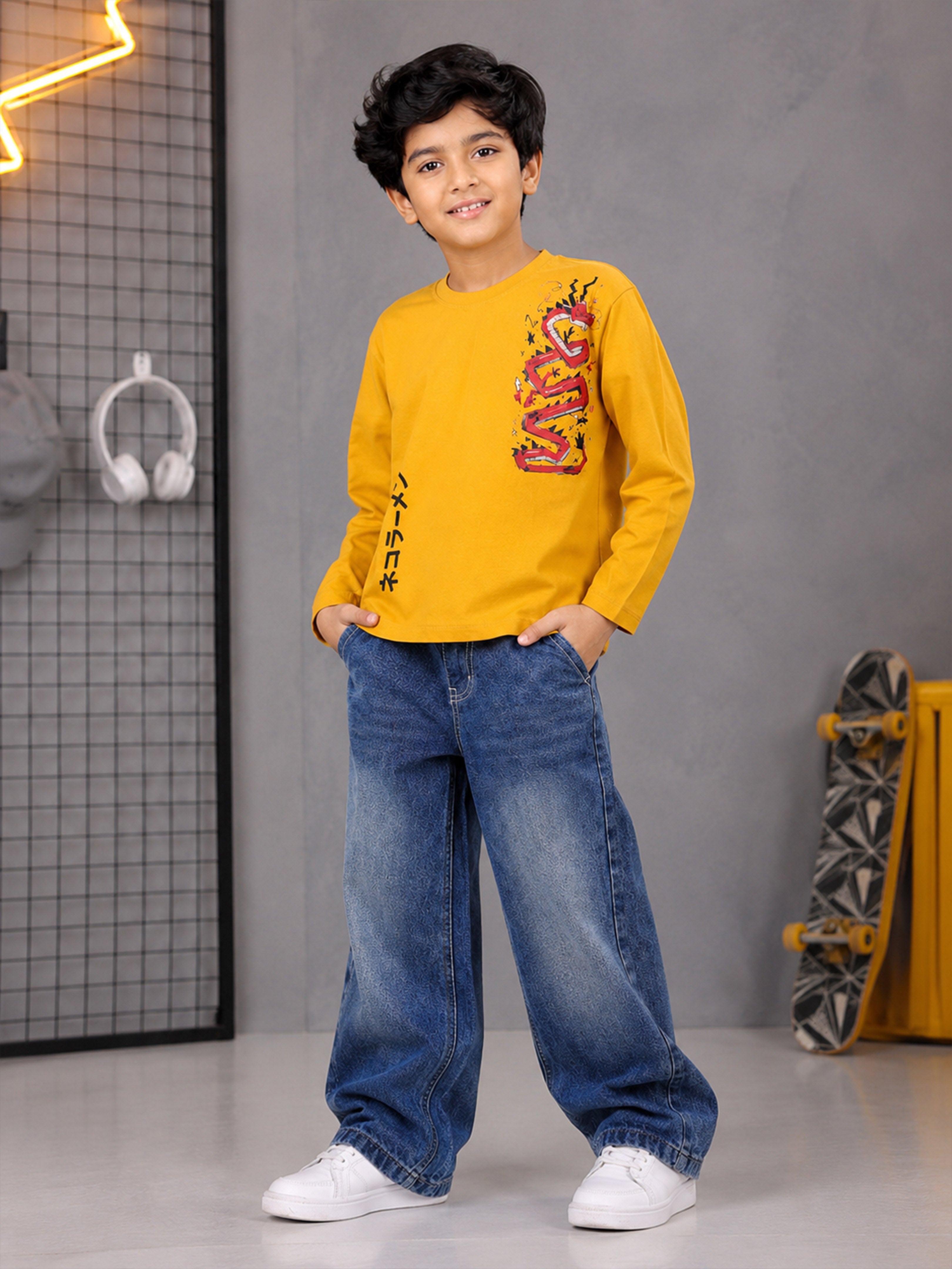 Kiddopanti Boys Cotton Knit Graphic Drop Shoulder Full Sleeve T-Shirt & Baggy Fit Denim Jeans Co-ord Set
