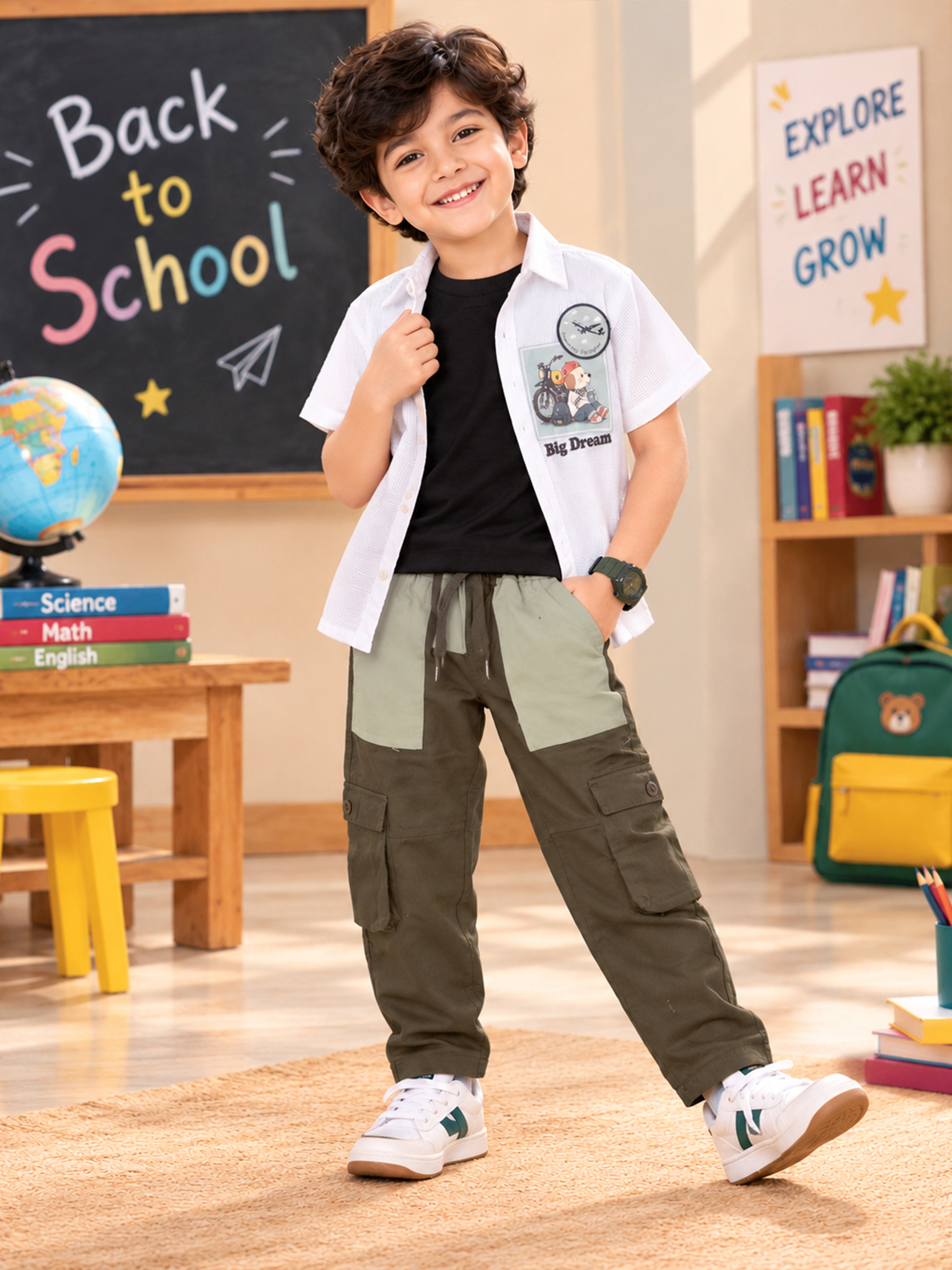 Kiddopanti Boys Half Sleeve Cotton Shirt with Solid Round Neck T-Shirt & Cargo Pants 3-Piece Co-ord Set