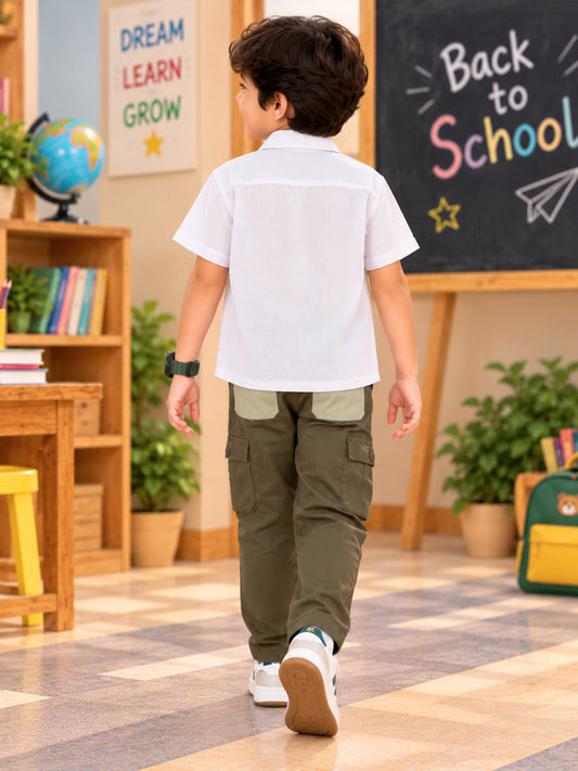 Kiddopanti Boys Half Sleeve Cotton Shirt with Solid Round Neck T-Shirt & Cargo Pants 3-Piece Co-ord Set