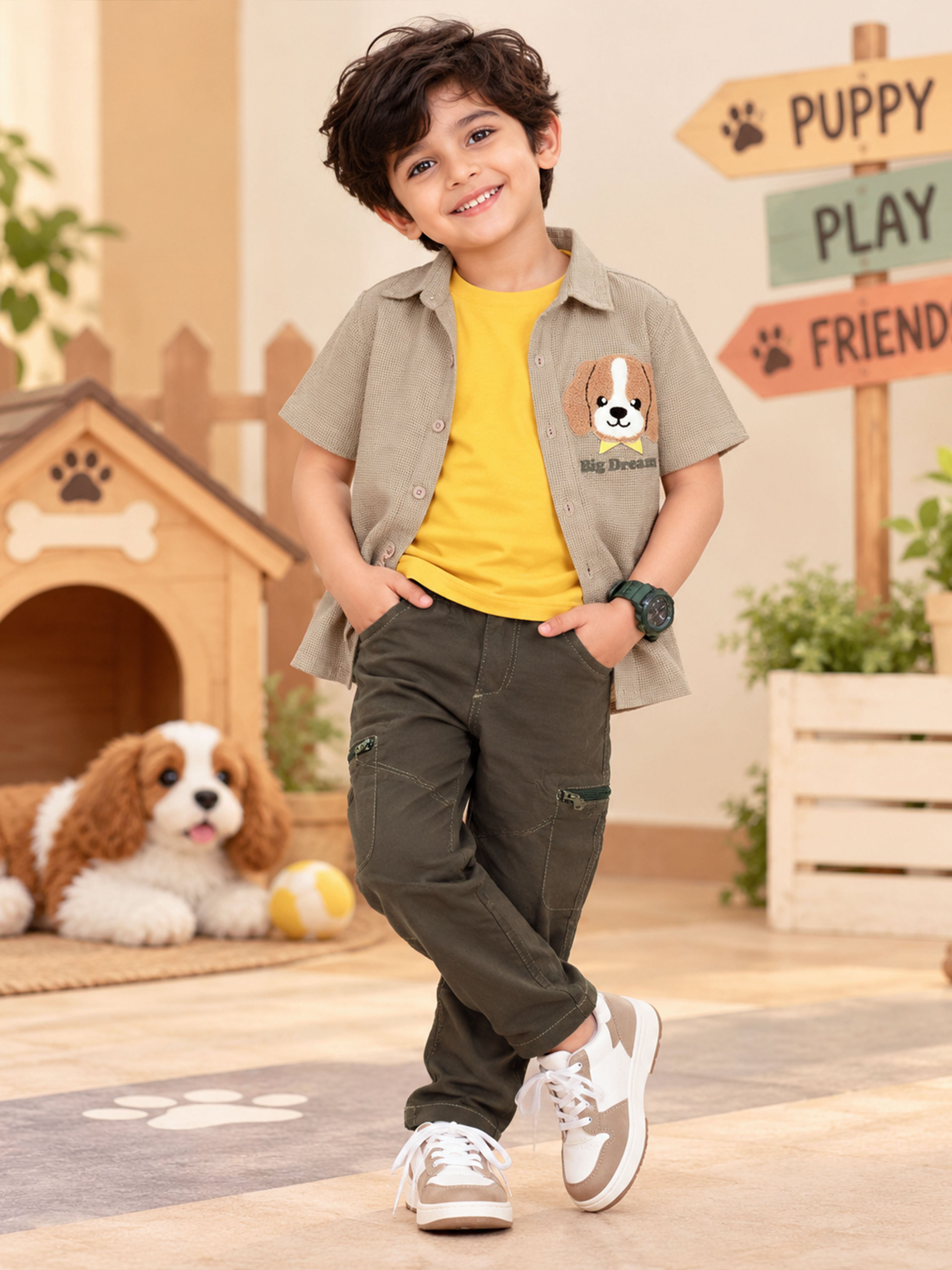 Kiddopanti Boys Half Sleeve Cotton Shirt with Solid Round Neck T-Shirt & Cargo Pants 3-Piece Co-ord Set