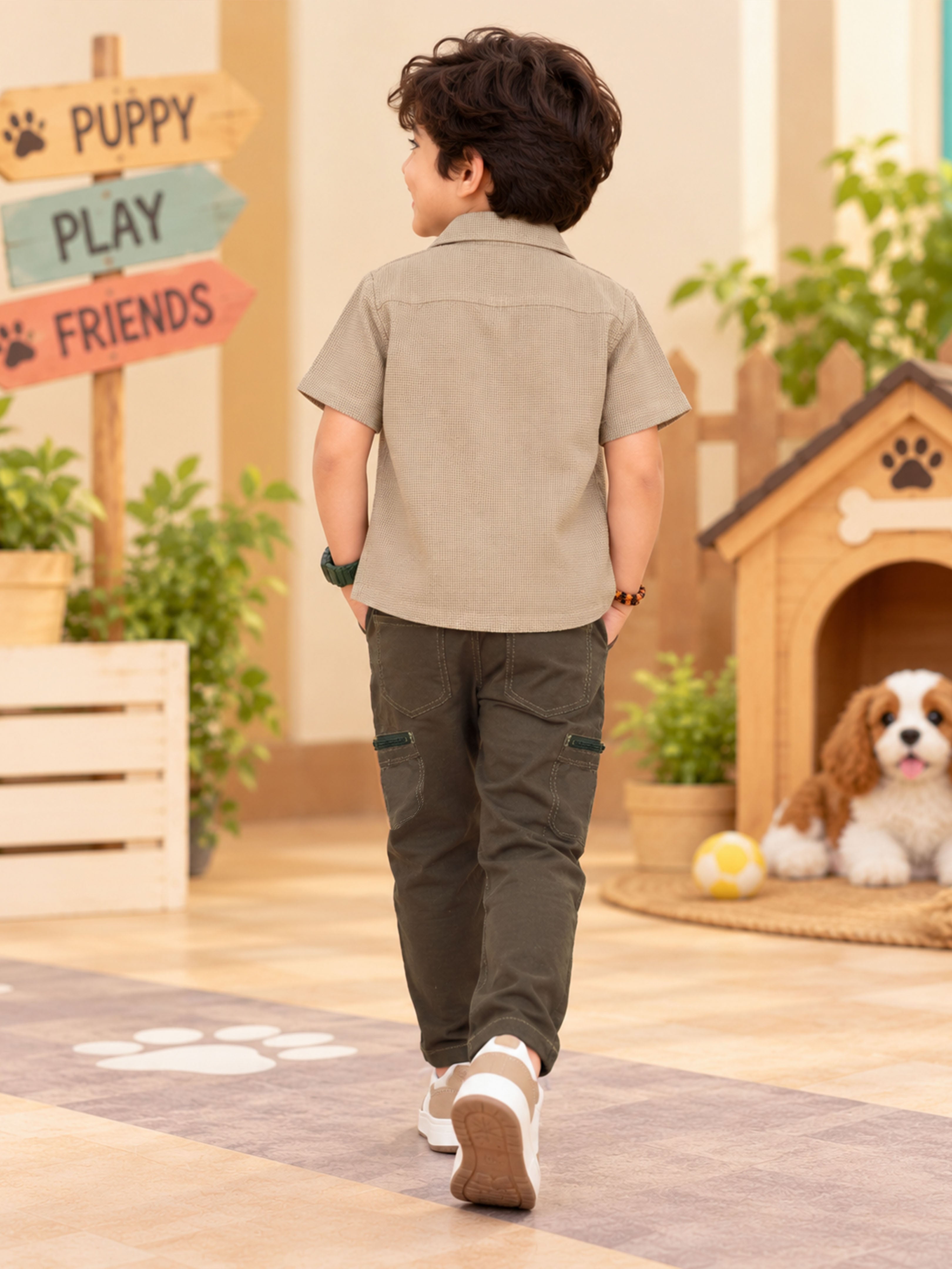 Kiddopanti Boys Half Sleeve Cotton Shirt with Solid Round Neck T-Shirt & Cargo Pants 3-Piece Co-ord Set