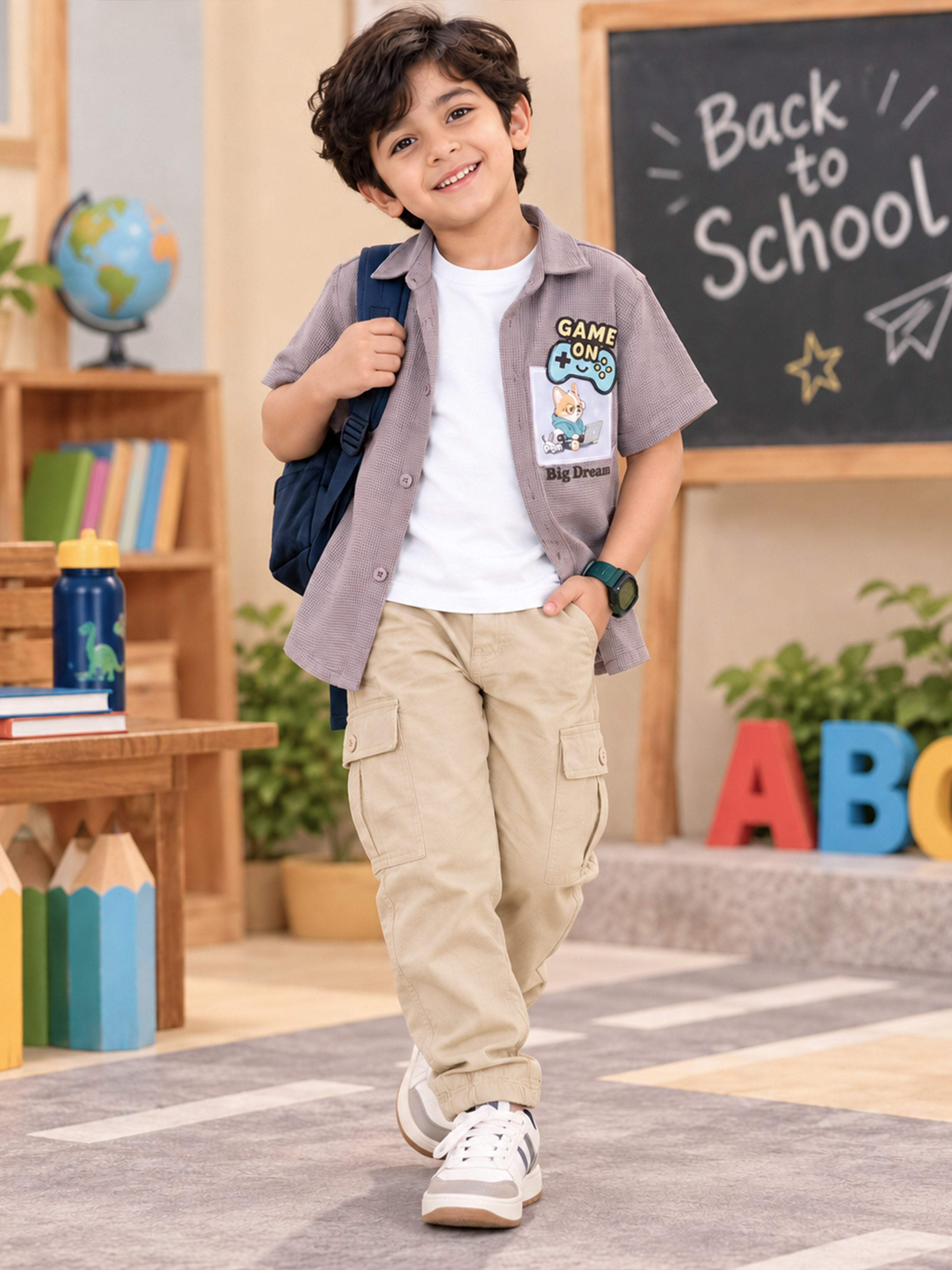 Kiddopanti Boys Half Sleeve Cotton Shirt with Solid Round Neck T-Shirt & Cargo Pants 3-Piece Co-ord Set