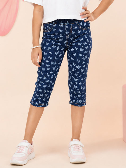 Kiddopanto Girls Denim Woven Butterfy Printed Capri Jeggings