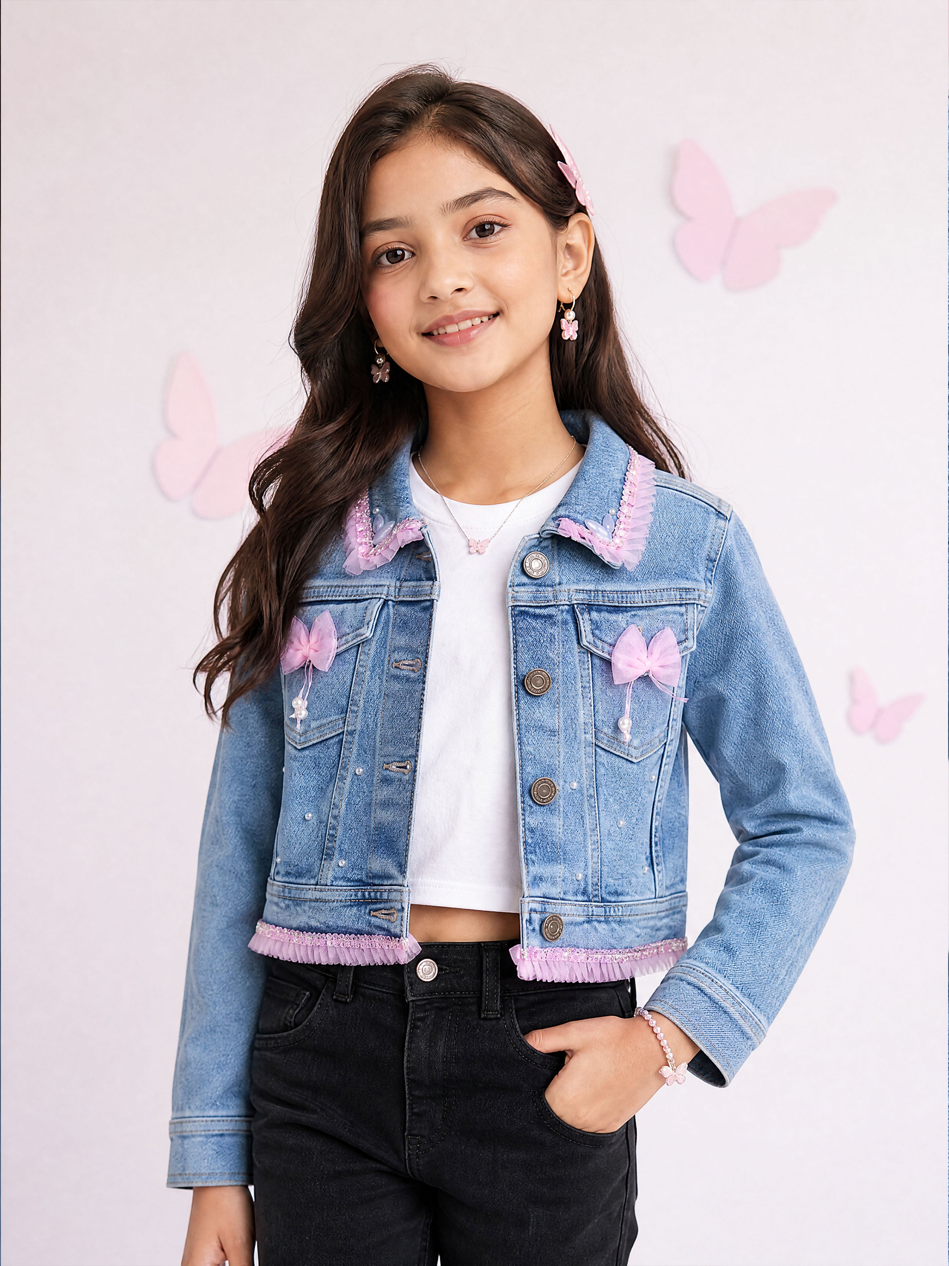 Kiddopanti Girls Denim Woven Full Sleeves Floral Embellishment Crop Jacket