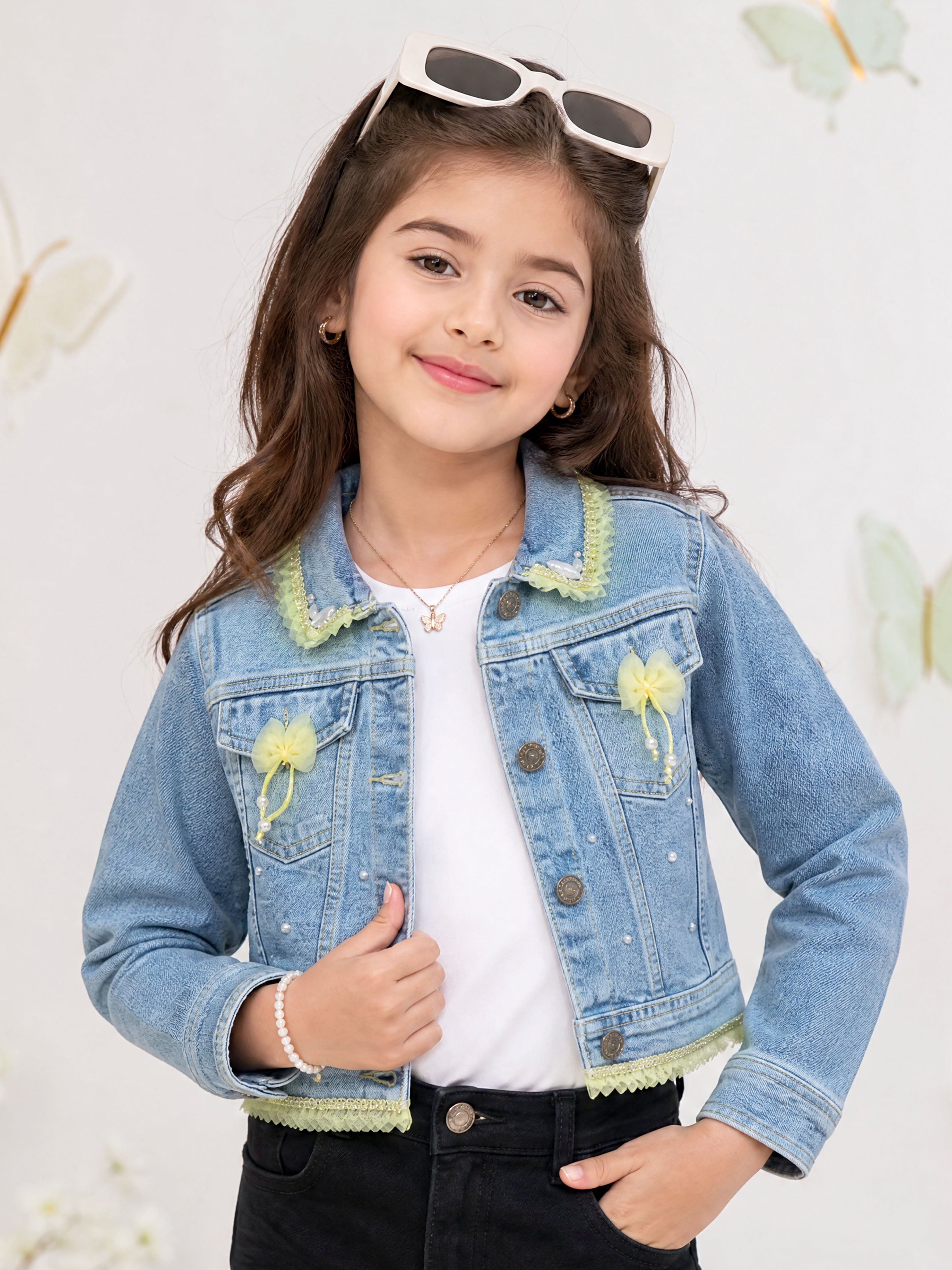Kiddopanti Girls Denim Woven Full Sleeves Floral Embellishment Crop Jacket