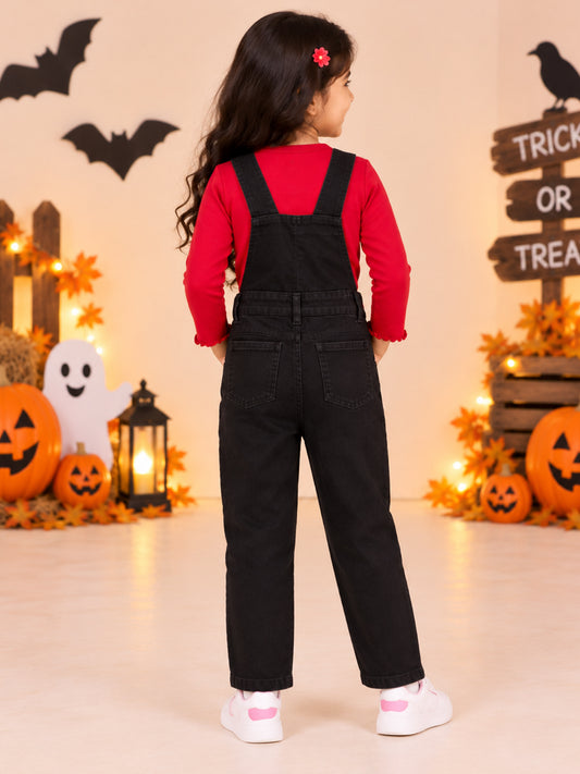 Kiddopanti Girls Denim Woven Halloween Ghost & Star Graphic Dungaree Pants with Contrast Button Detail