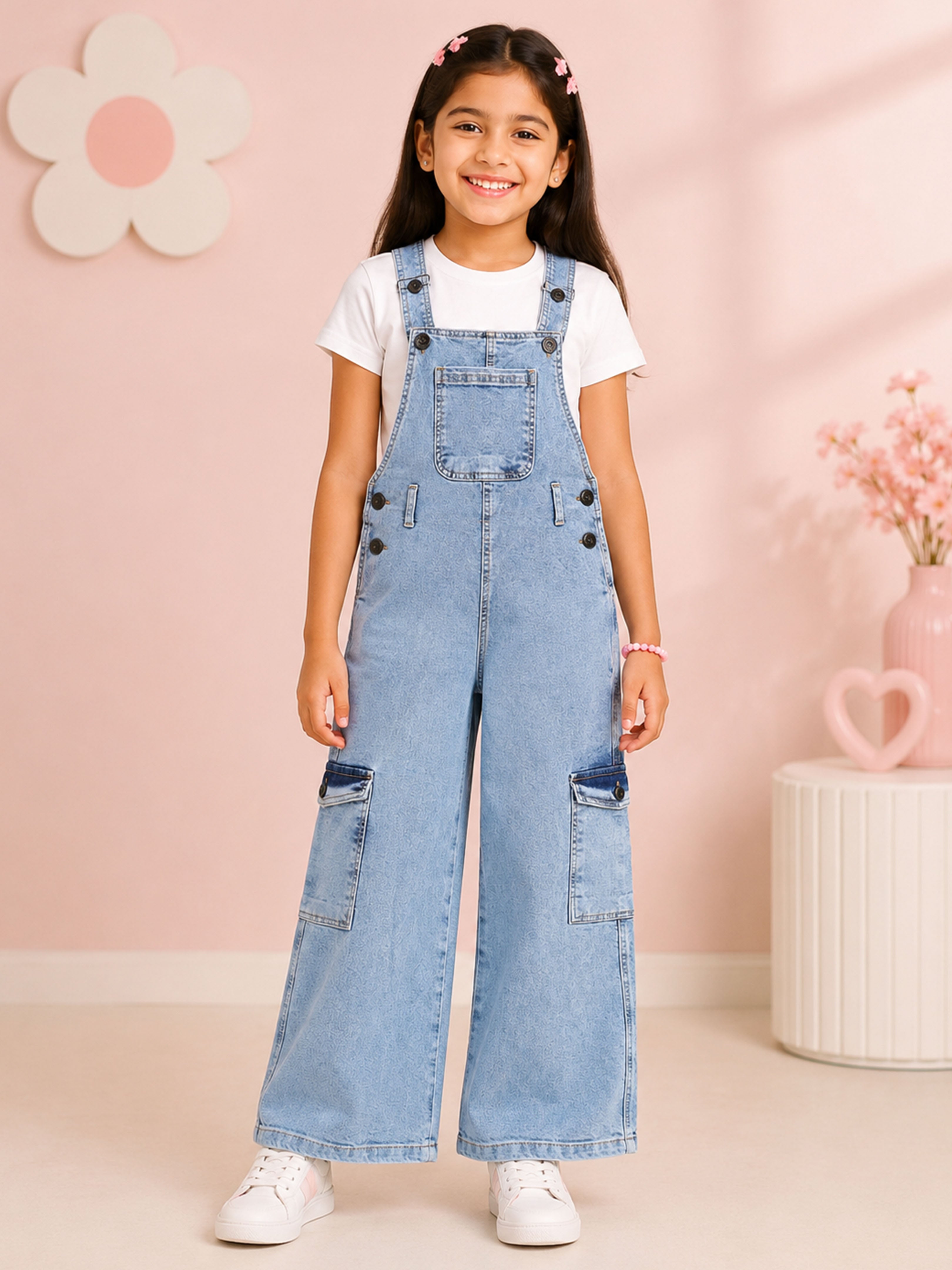 Kiddopanti Girls Denim Woven Wide Leg Solid Dungaree