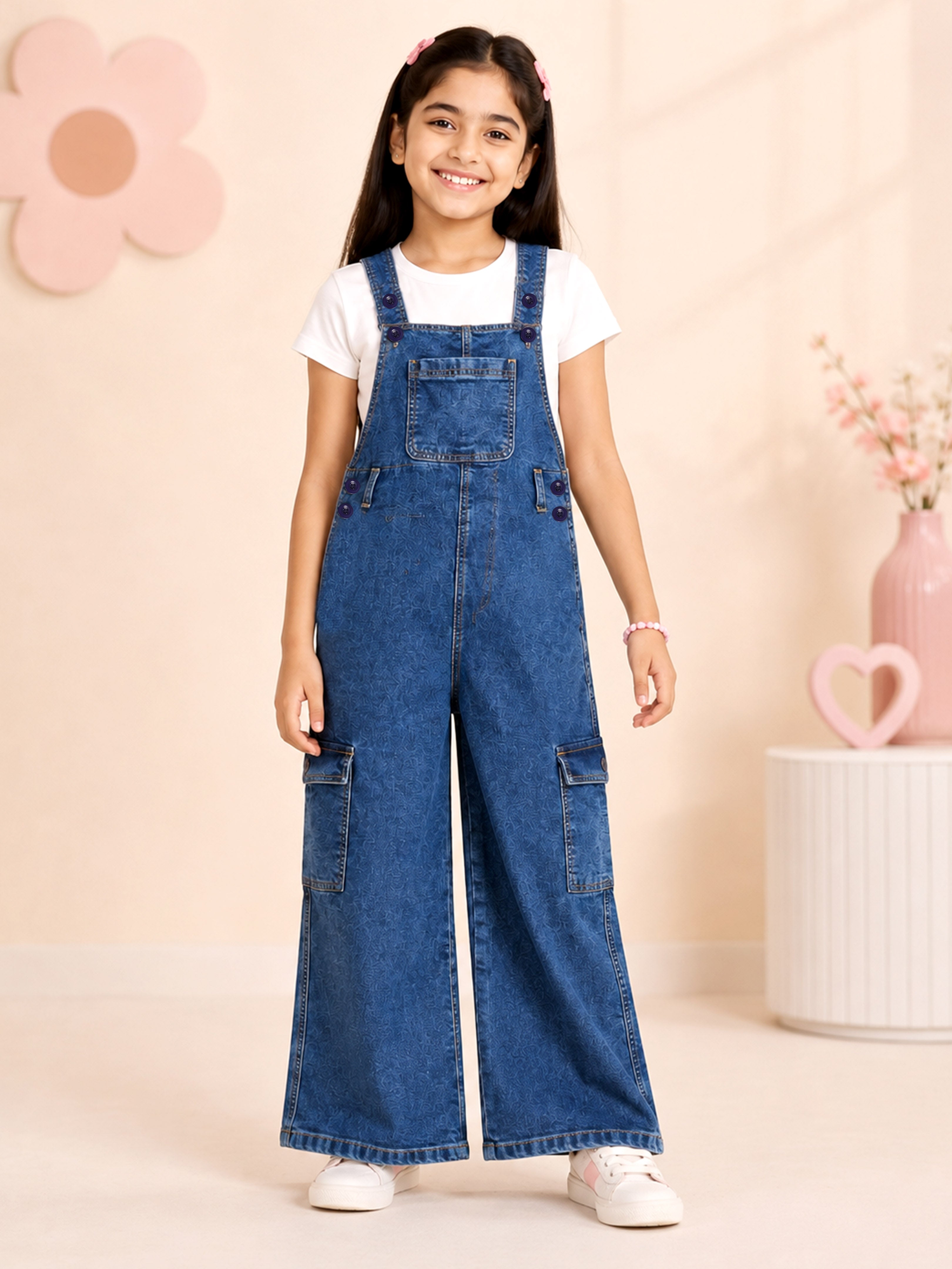 Kiddopanti Girls Denim Woven Wide Leg Solid Dungaree