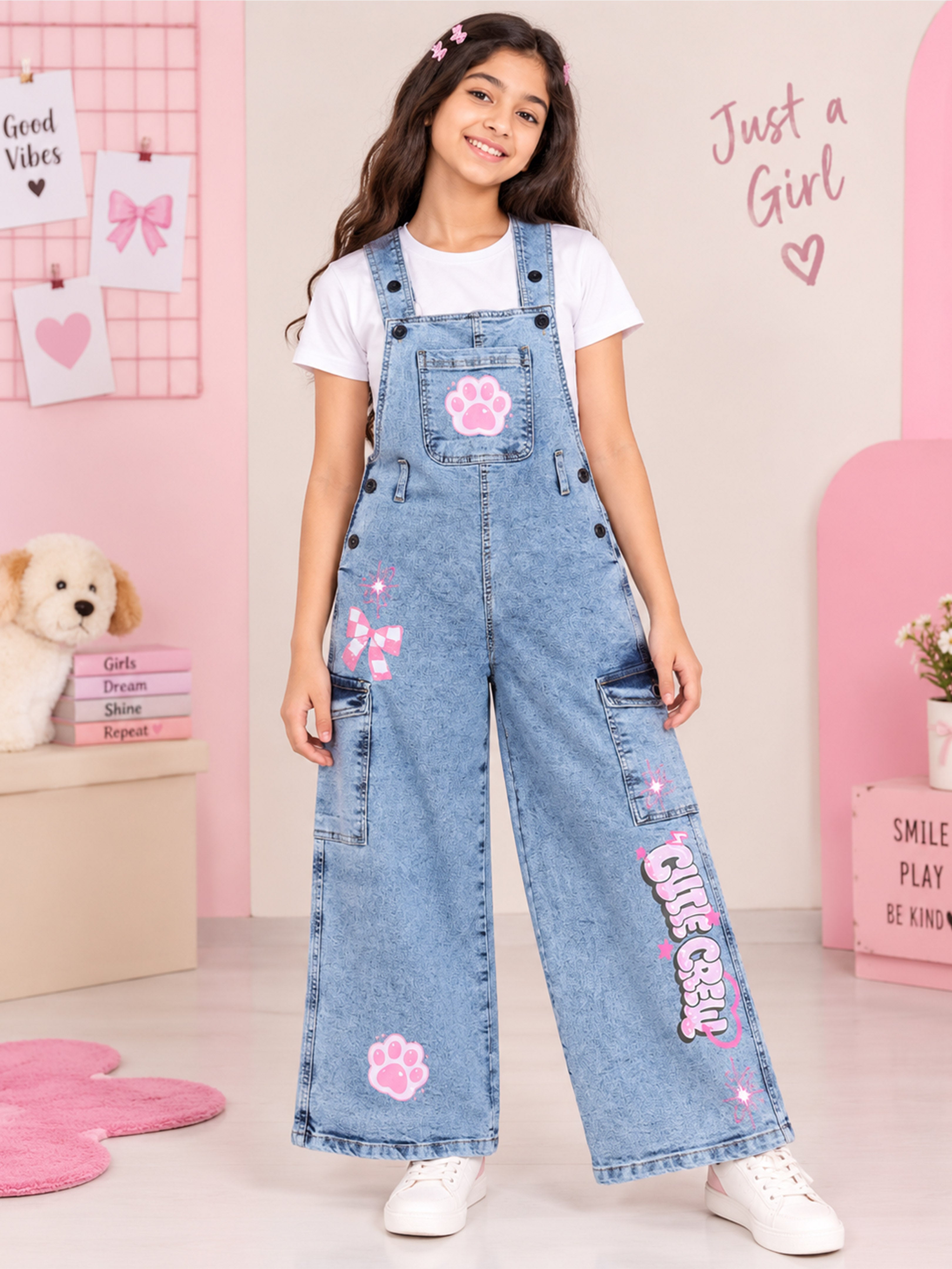 Kiddopanti Girls Denim Woven Graphic Wide Leg Dungaree Pant with Cargo Pockets