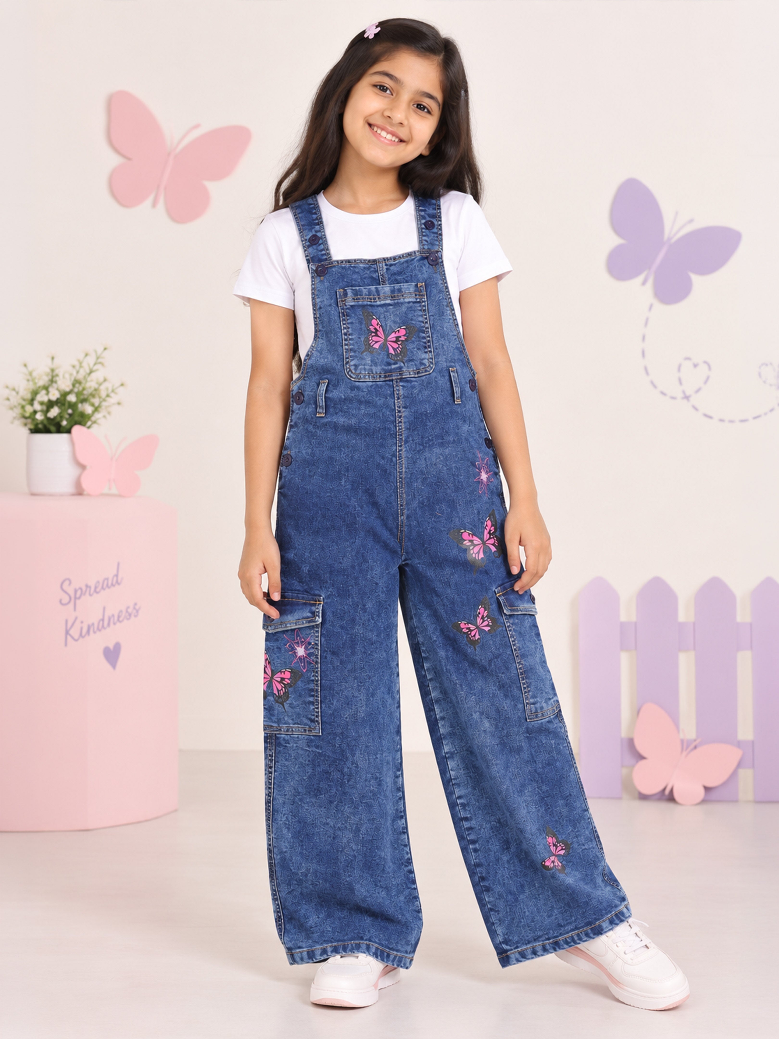 Kiddopanti Girls Denim Woven Graphic Wide Leg Dungaree Pant with Cargo Pockets