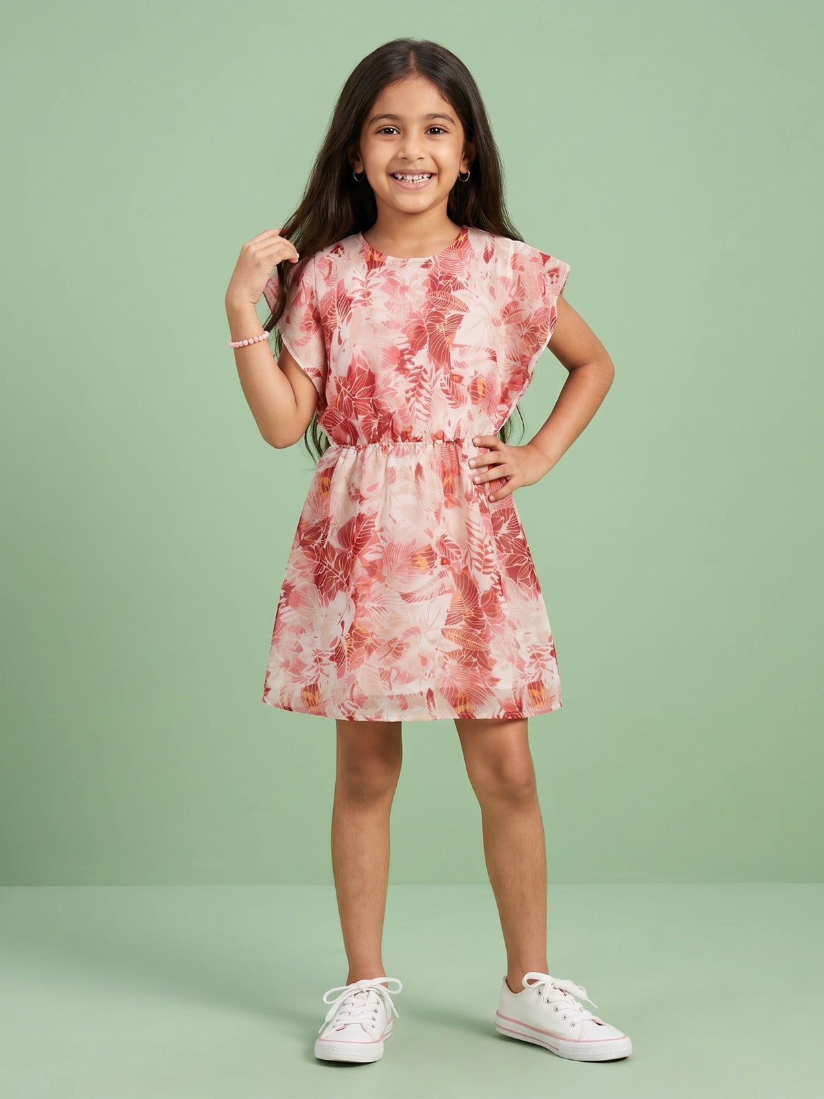 Kiddopanti Girls Georgette Woven Butterfly Sleeves Floral Printed Knee length Dress