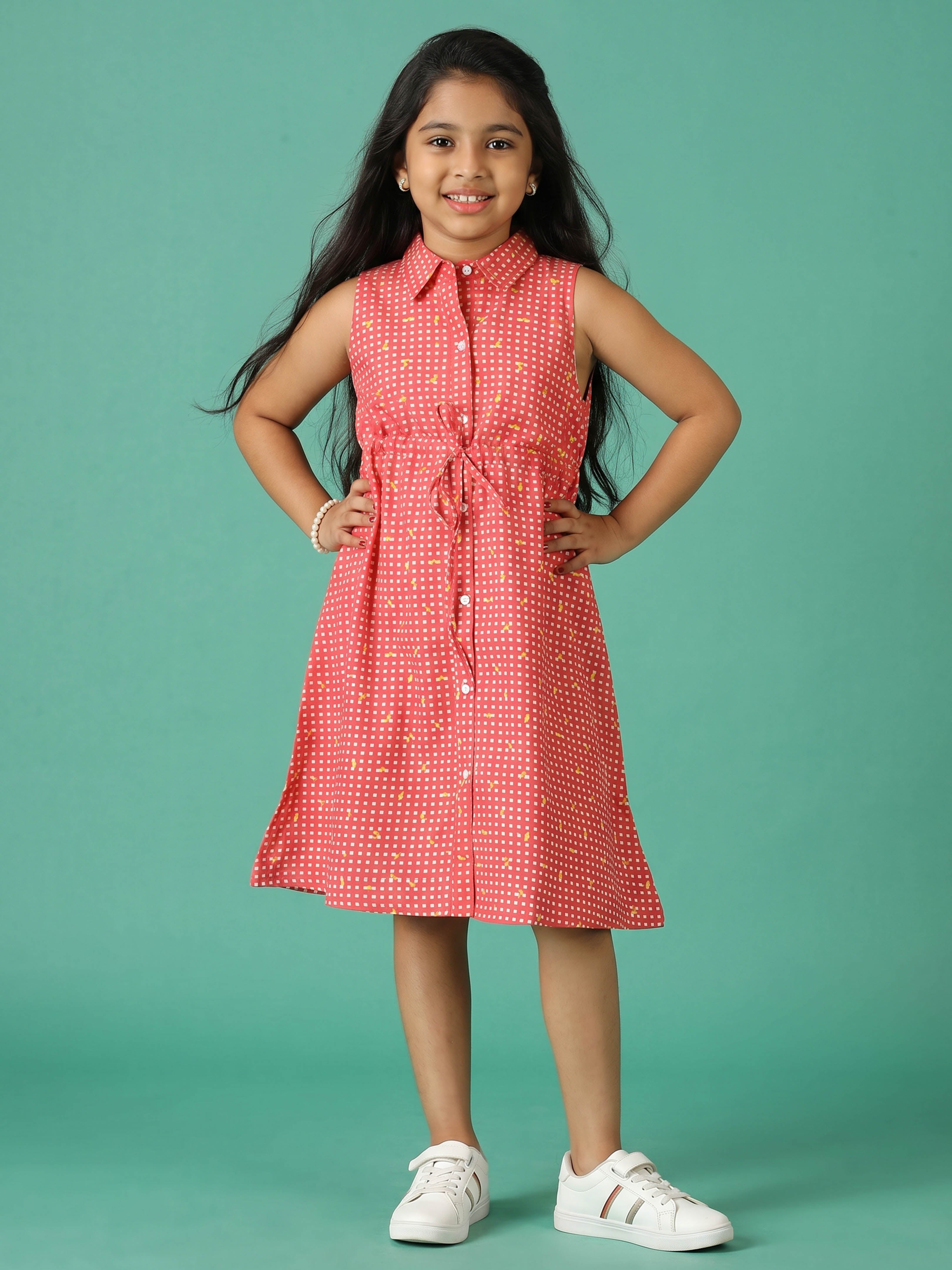 Kiddopanti Girls Cotton Woven Sleeveless Polka Dots Printed Button Up Shirt dress