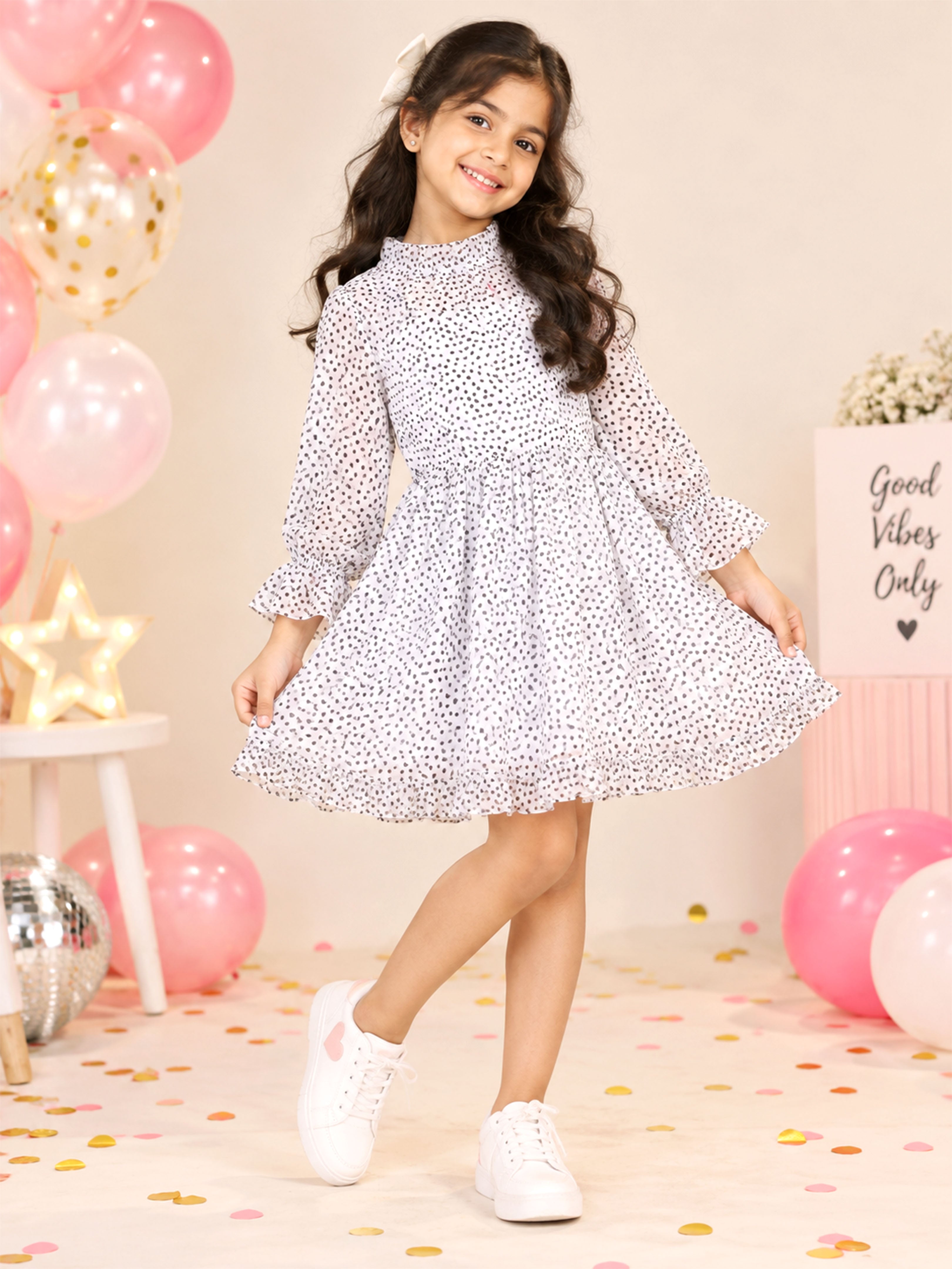 Kiddopanti Girls Georgette Full Sleeve Polka Dot Printed Party Dress with Ruffle Detail