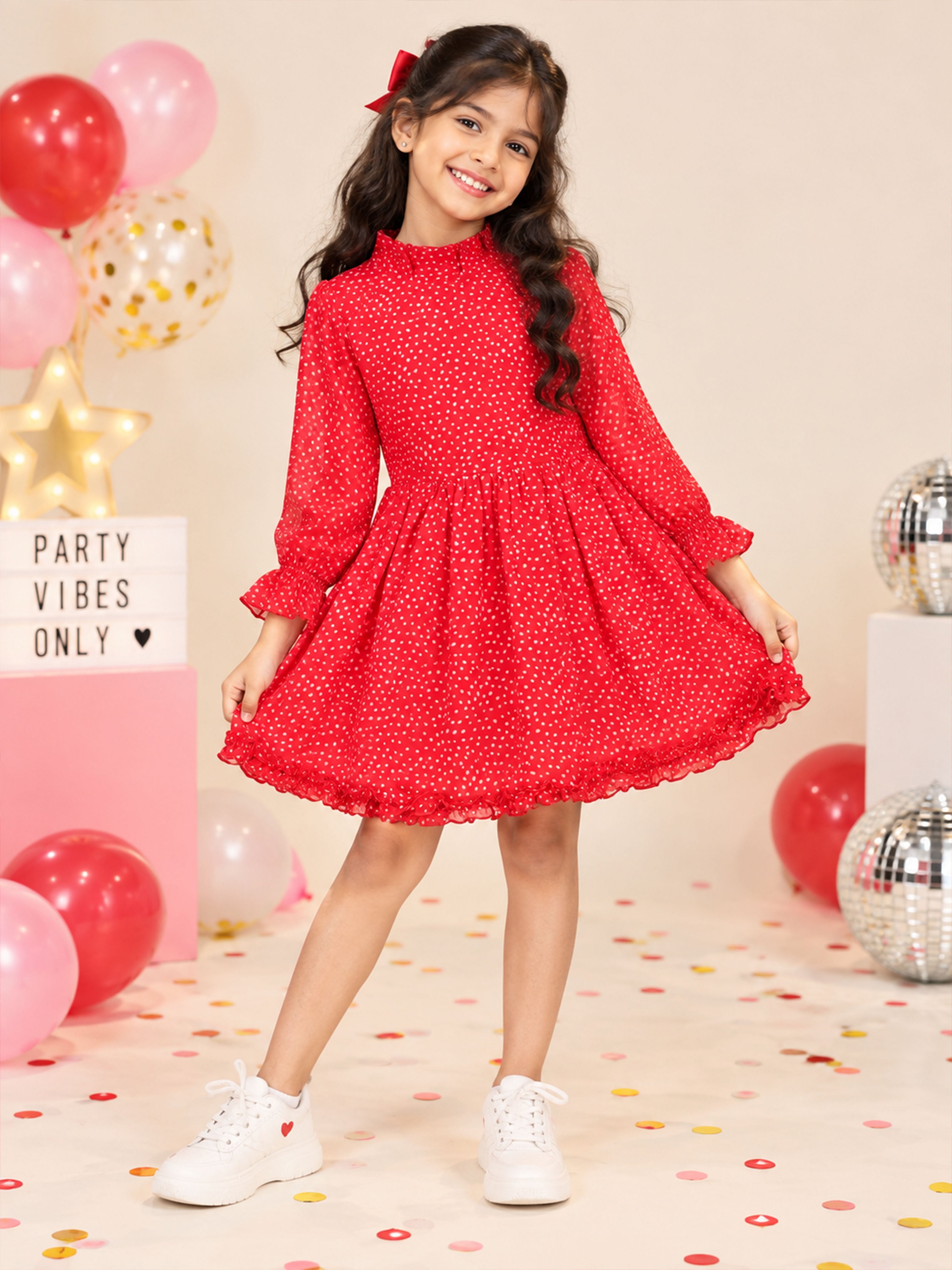 Kiddopanti Girls Georgette Full Sleeve Polka Dot Printed Party Dress with Ruffle Detail