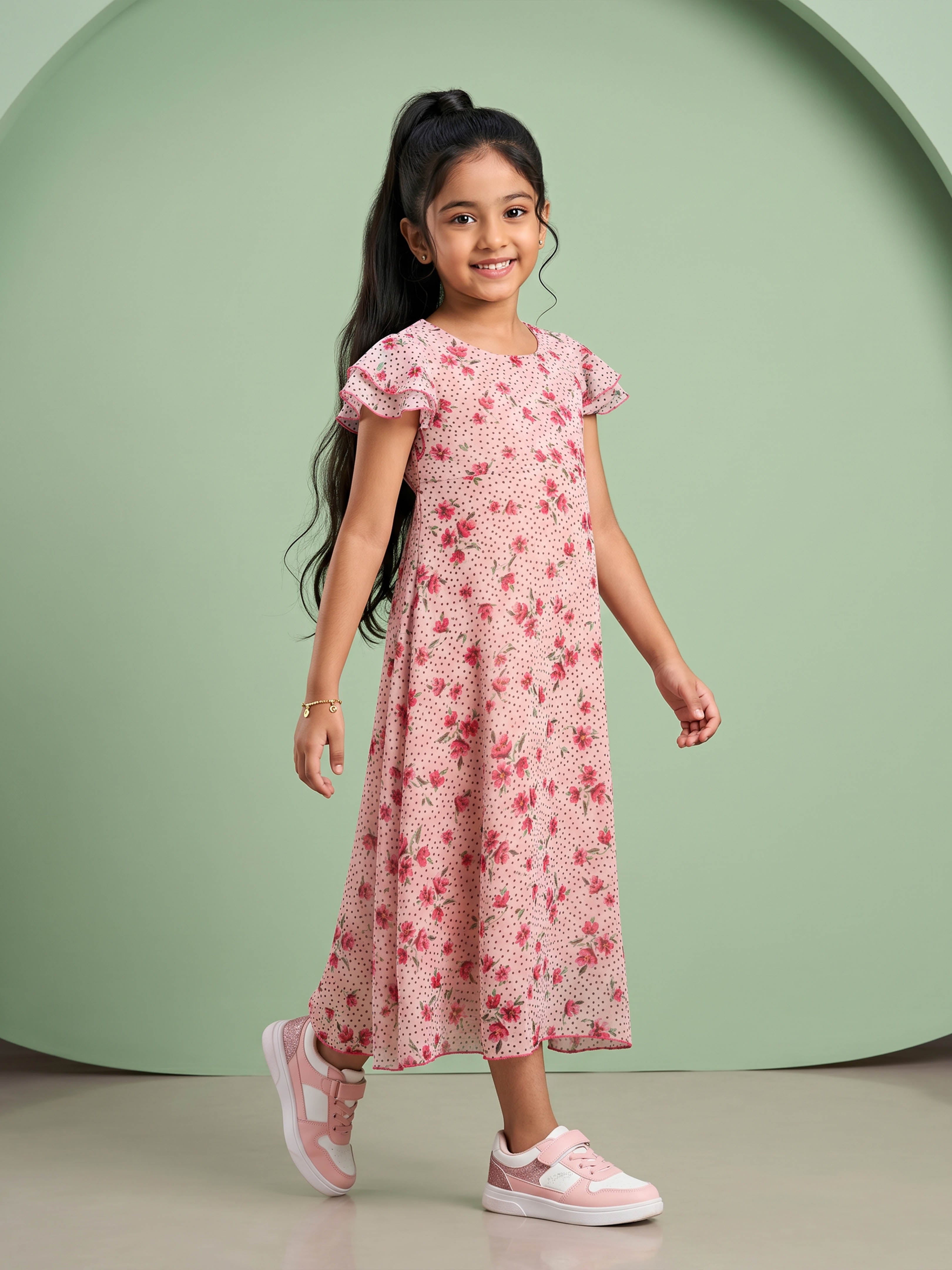 Kiddopanti Girls Georgette Woven Frill Layer Bell Sleeves Floral And Polka Dots Printed Flare Dress