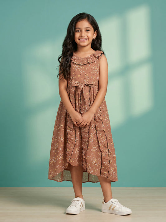 Kiddopanti Girls Georgette Woven Sleeveless Floral Printed Dress With Frilled Neck Line