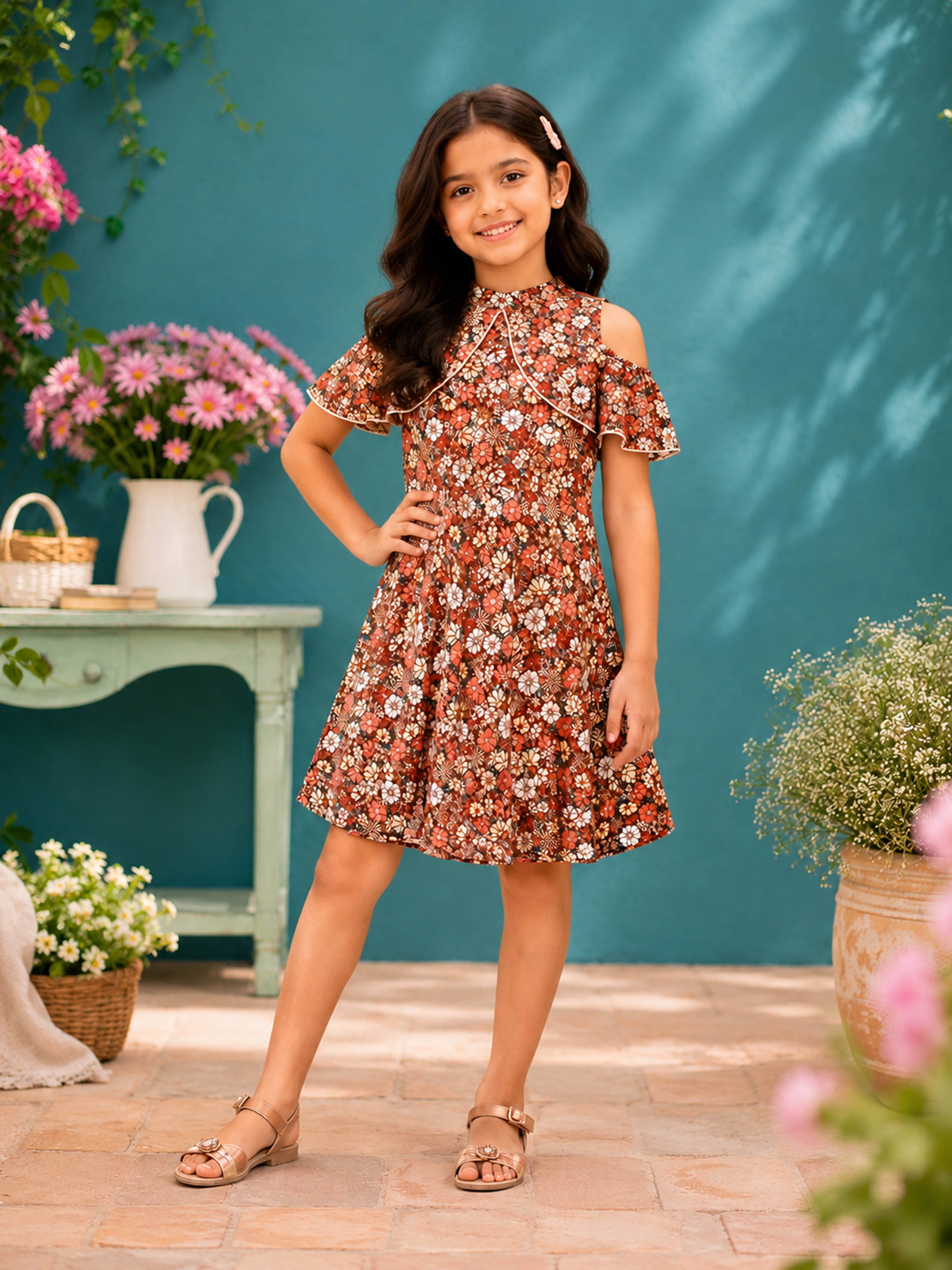 Kiddopanti Girls Rayon Woven Could Shoulder Sleeves Floral Polka Dots Printed Halter Neck Dress